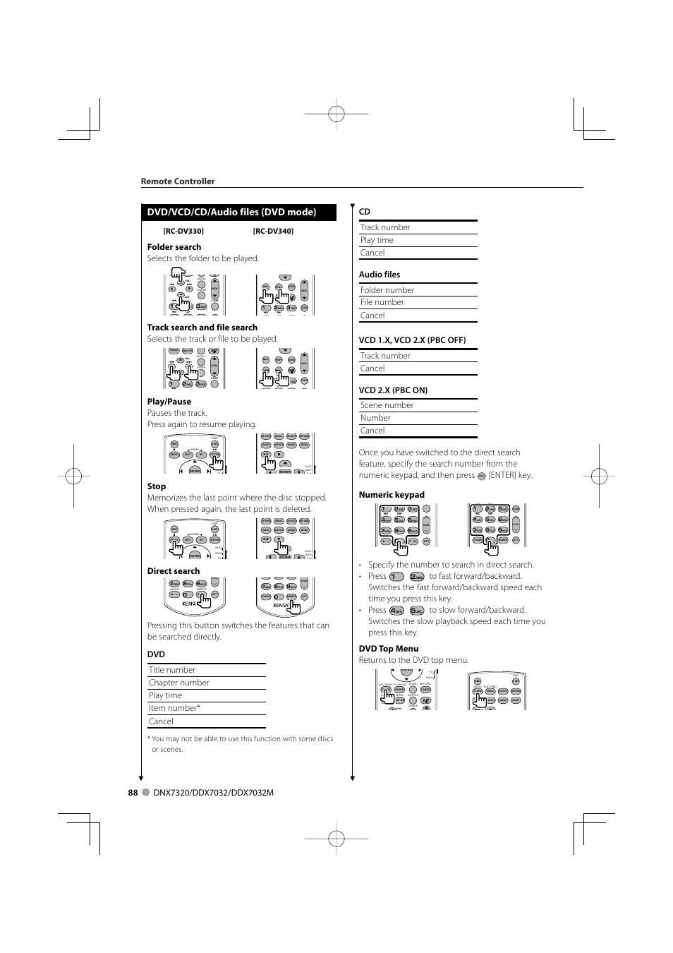 Dvd/vcd/cd/audio files (dvd mode), Enter] key. numeric keypad, Folder search selects the folder to be played | Direct search, Remote controller | Kenwood DDX7032M User Manual | Page 88 / 100