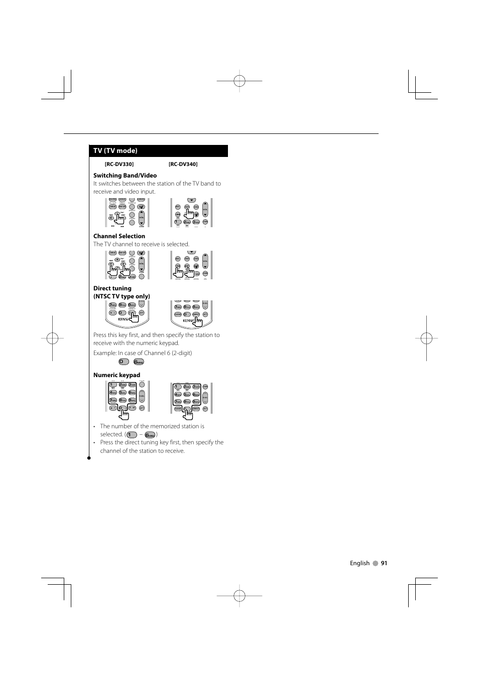 Tv (tv mode), English 91, Direct tuning (ntsc tv type only) | Numeric keypad | Kenwood DDX7032M User Manual | Page 91 / 100