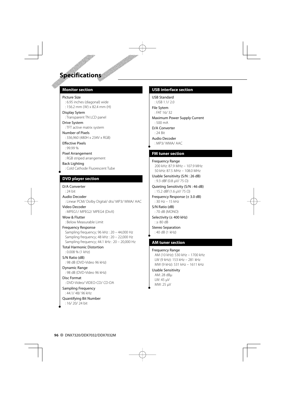 Specifications | Kenwood DDX7032M User Manual | Page 96 / 100