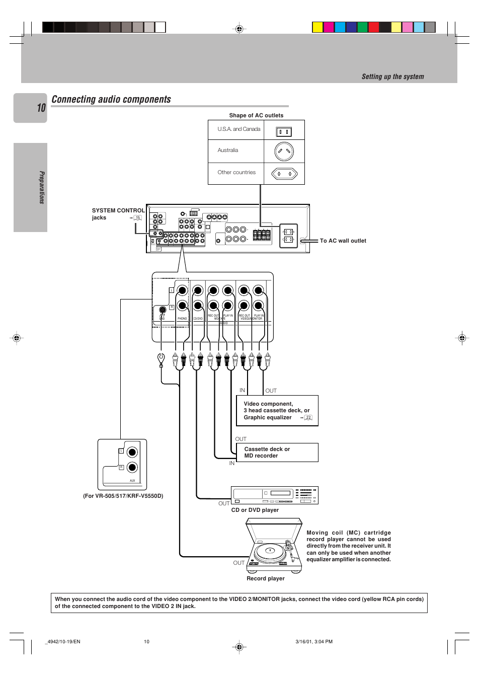 Connecting audio components, Setting up the system video 1, Play in rec out play in monitor out video 1 dvd | Kenwood VR-505 User Manual | Page 10 / 44
