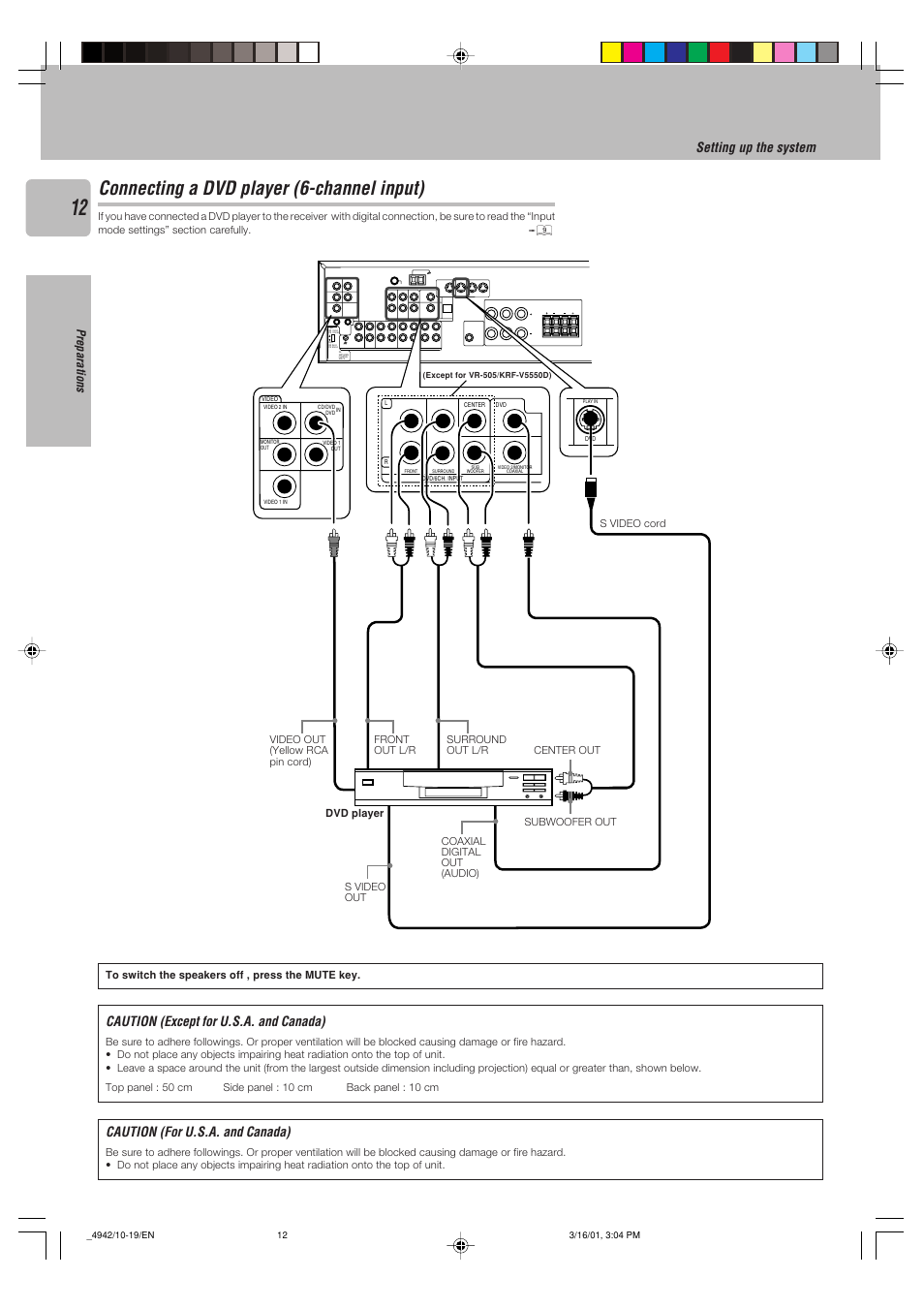 Connecting a dvd player (6-channel input), Video 3 video 2 video 1, Play in | Play in rec out play in monitor out video 1 dvd, Caution (except for u.s.a. and canada), Caution (for u.s.a. and canada), Setting up the system, Preparations | Kenwood VR-505 User Manual | Page 12 / 44