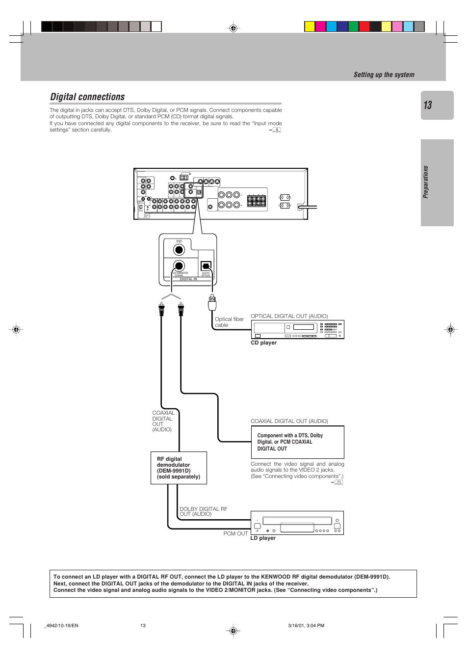 Digital connections, Video 1, Play in rec out play in monitor out video 1 dvd | Setting up the system | Kenwood VR-505 User Manual | Page 13 / 44