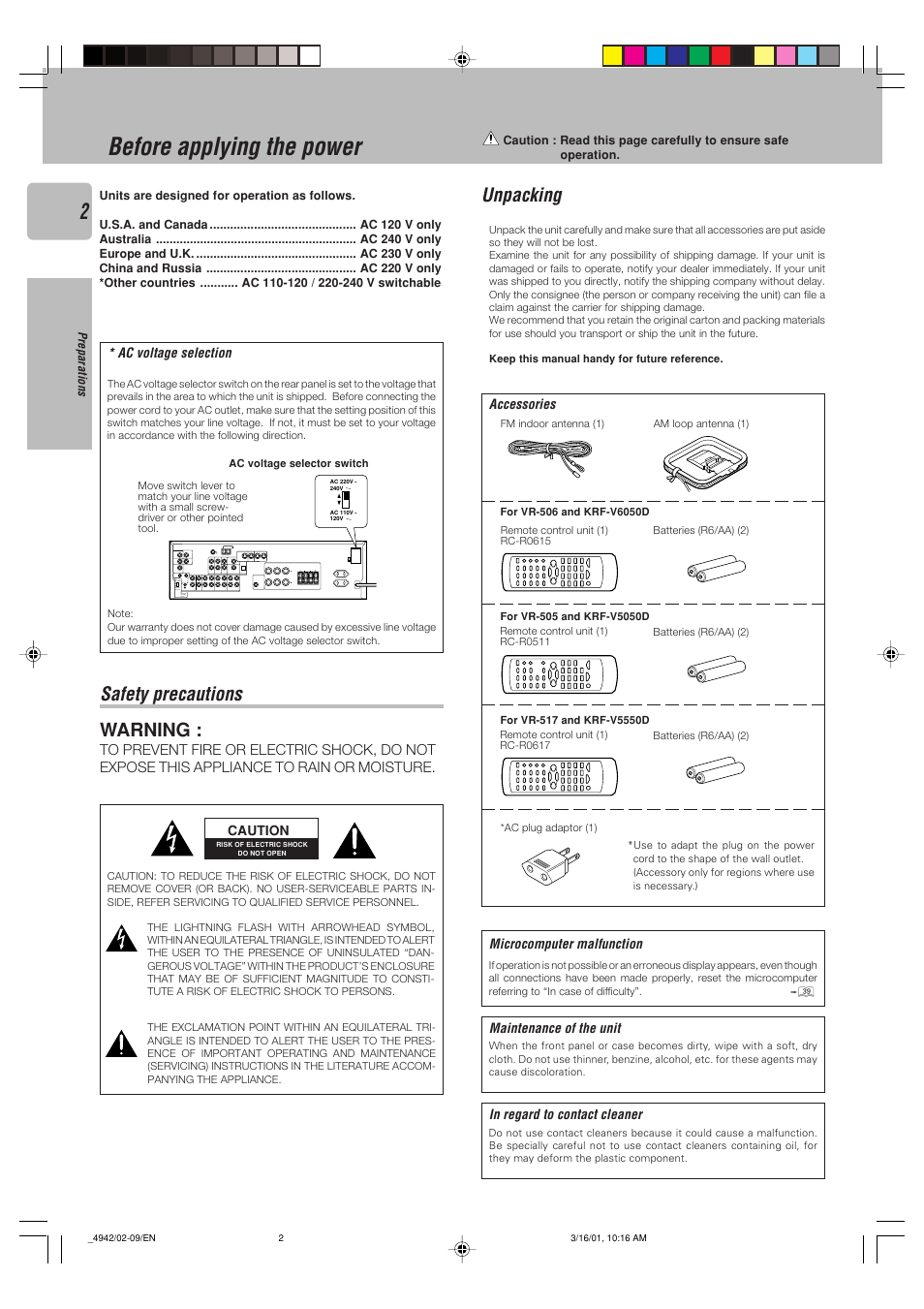 Preparations, Before applying the power, Safety precautions | Unpacking, Warning | Kenwood VR-505 User Manual | Page 2 / 44