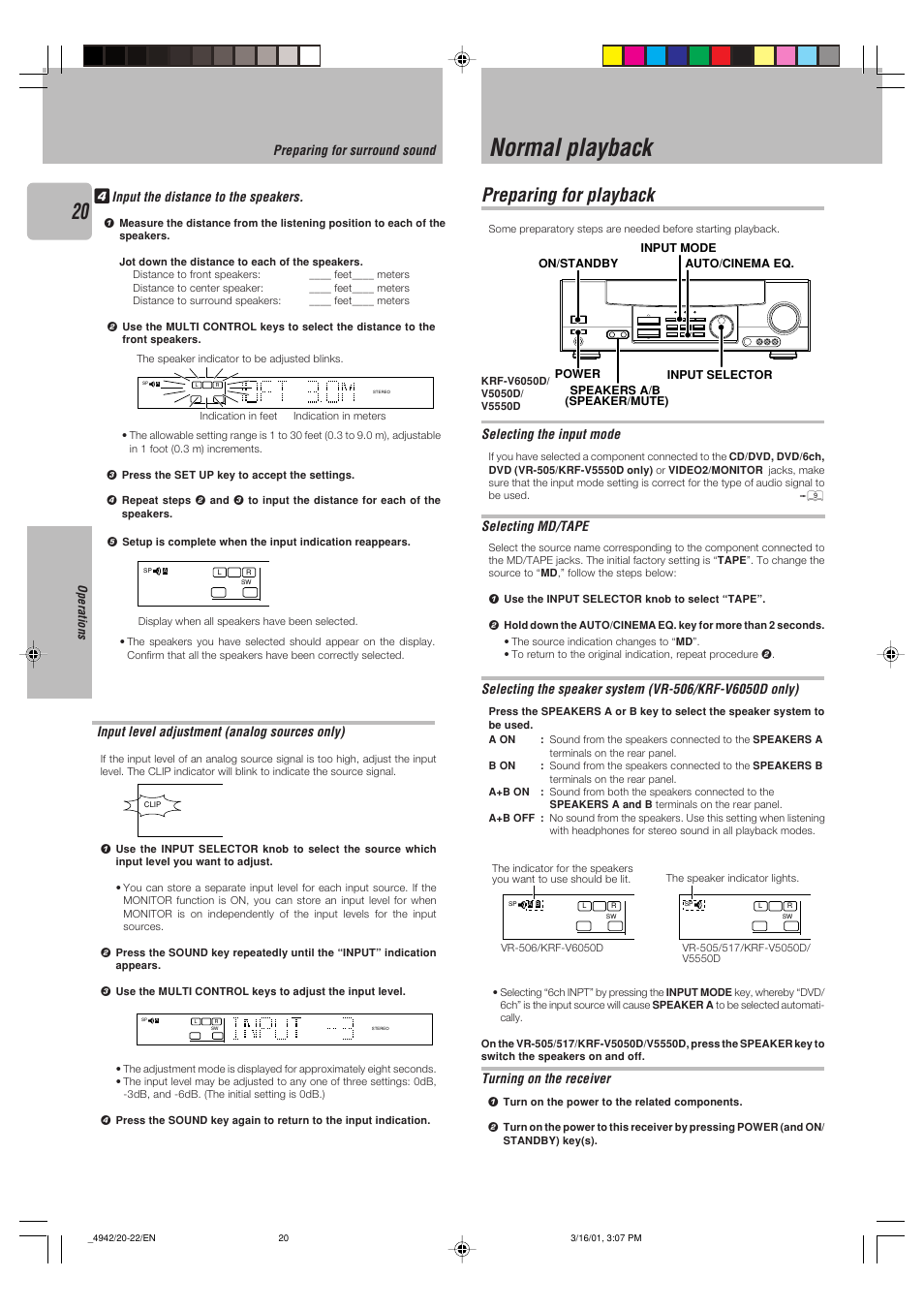 Operations, Normal playback, Preparing for playback | Turning on the receiver, Selecting md/tape, Input the distance to the speakers, Selecting the input mode | Kenwood VR-505 User Manual | Page 20 / 44