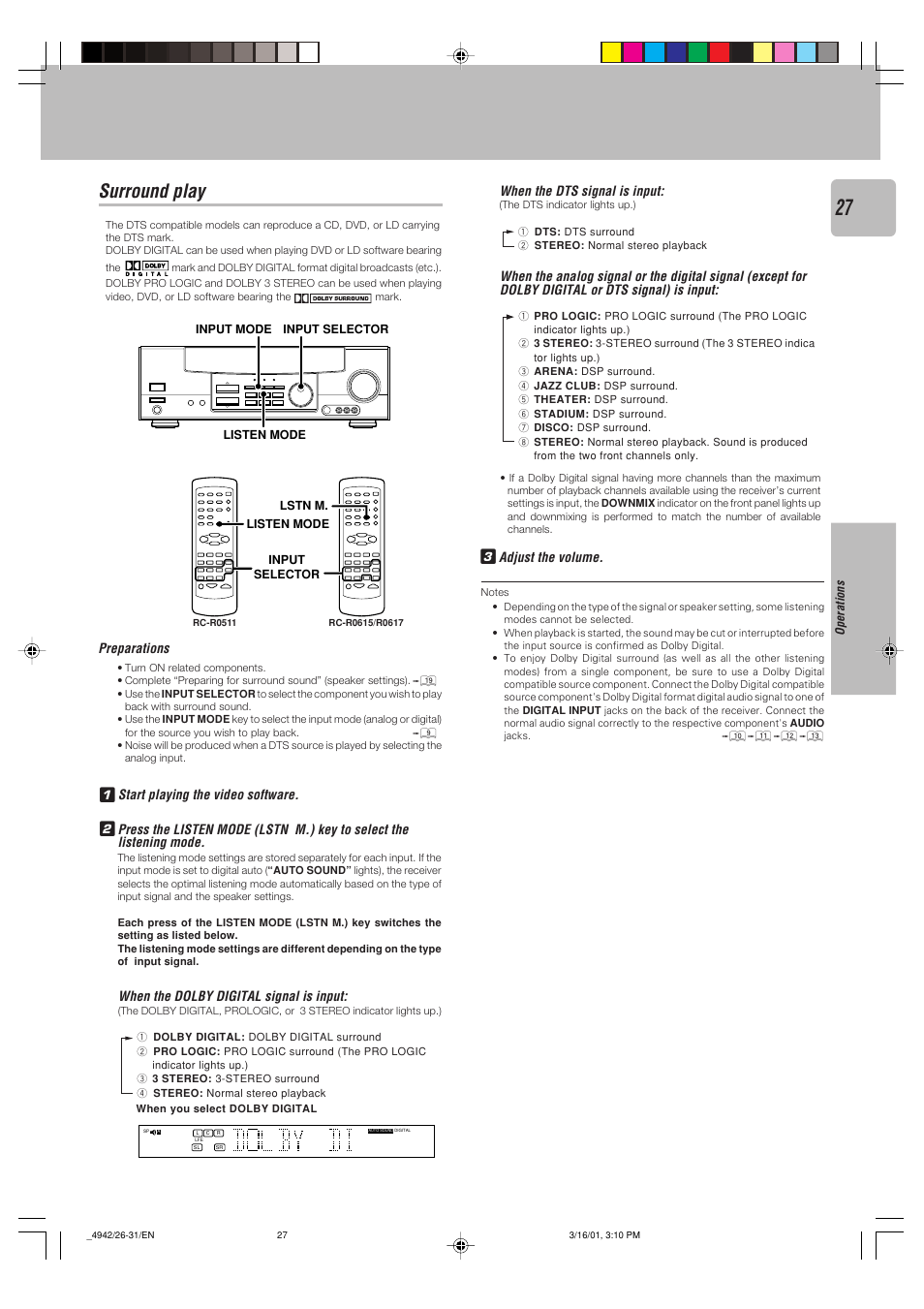 Surround play, Preparations, When the dolby digital signal is input | Start playing the video software, When the dts signal is input, Adjust the volume | Kenwood VR-505 User Manual | Page 27 / 44