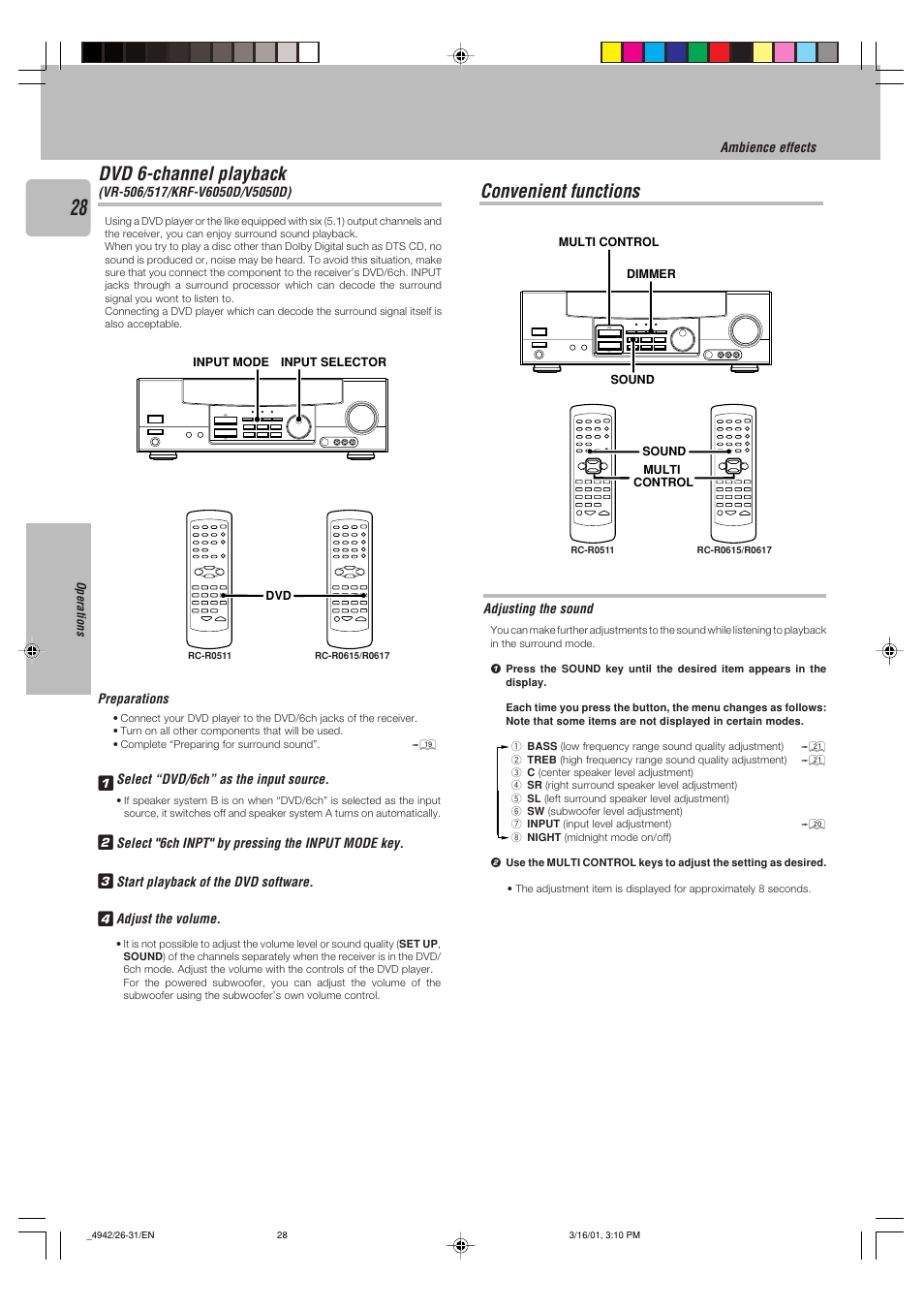 Convenient functions, 1dvd 6-channel playback | Kenwood VR-505 User Manual | Page 28 / 44