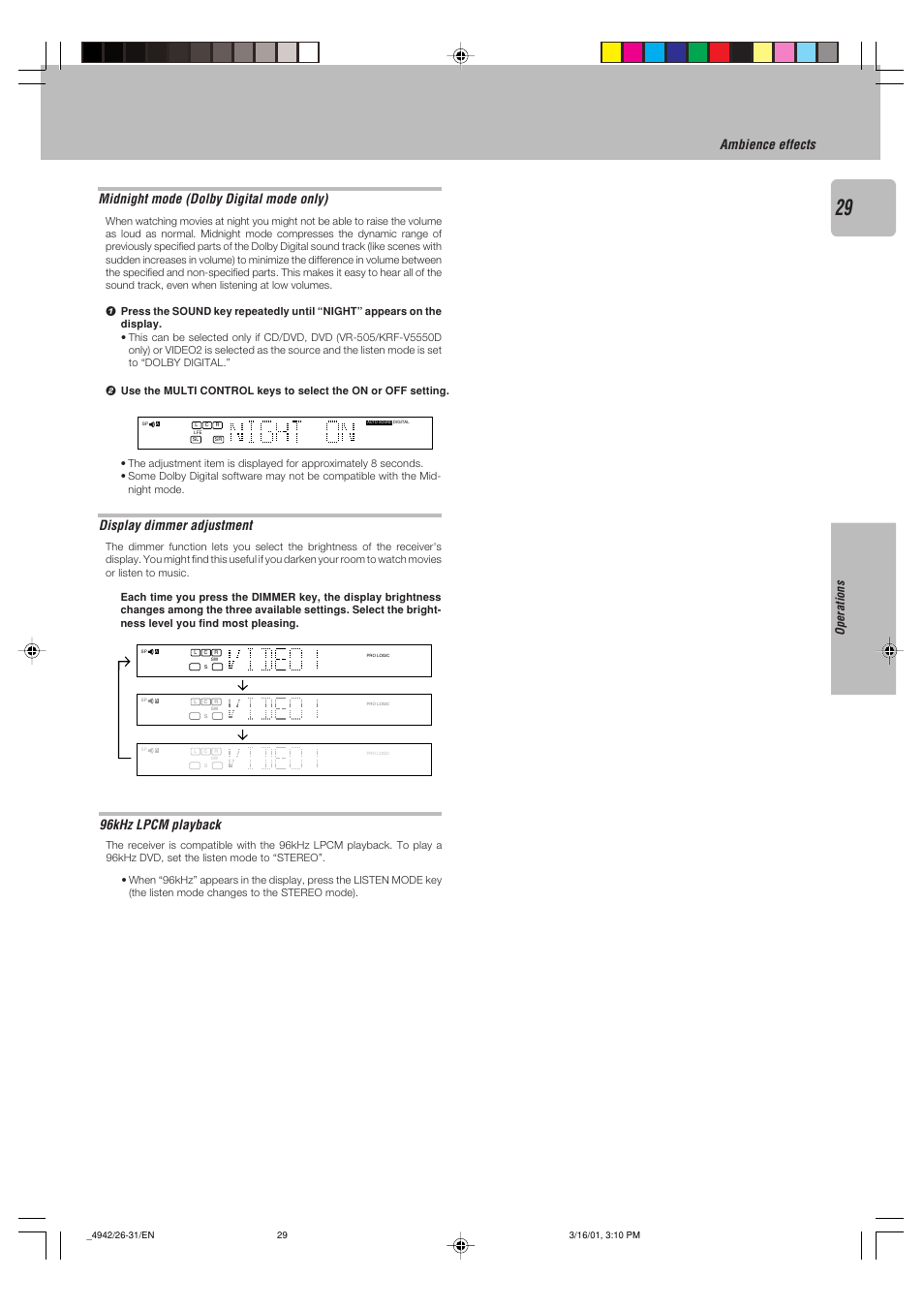 Ambience effects display dimmer adjustment, Midnight mode (dolby digital mode only), 96khz lpcm playback | Operations | Kenwood VR-505 User Manual | Page 29 / 44