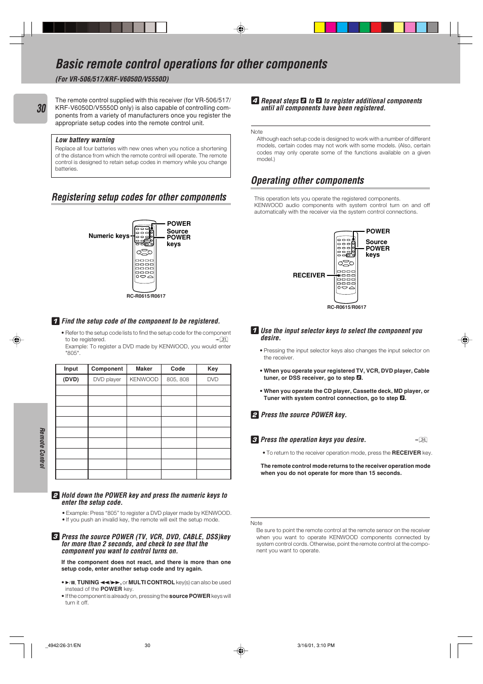 Remote control, Registering setup codes for other components, Operating other components | 1registering setup codes for other components | Kenwood VR-505 User Manual | Page 30 / 44