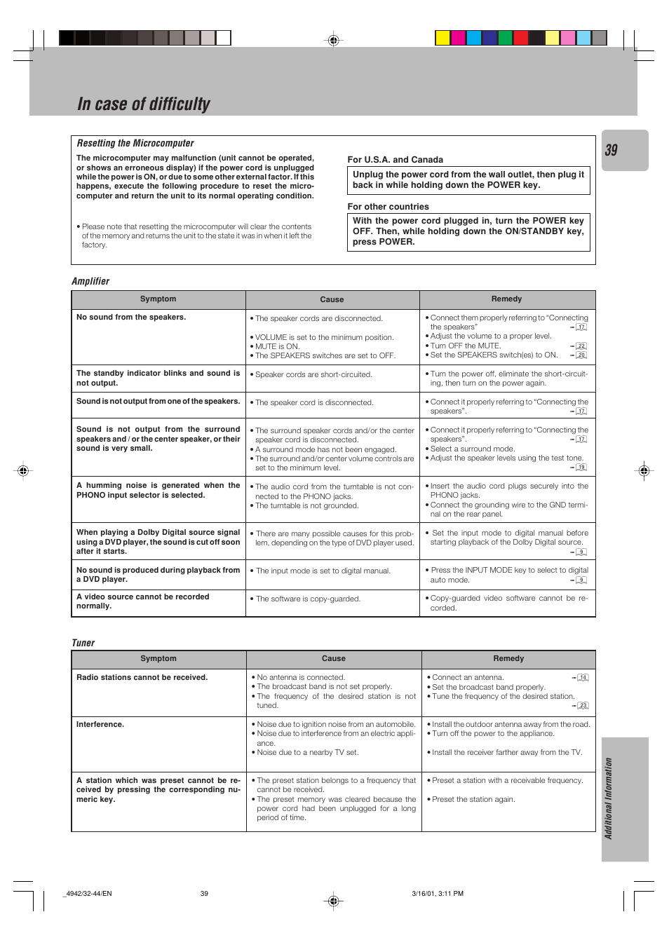 Additional information, In case of difficulty | Kenwood VR-505 User Manual | Page 39 / 44