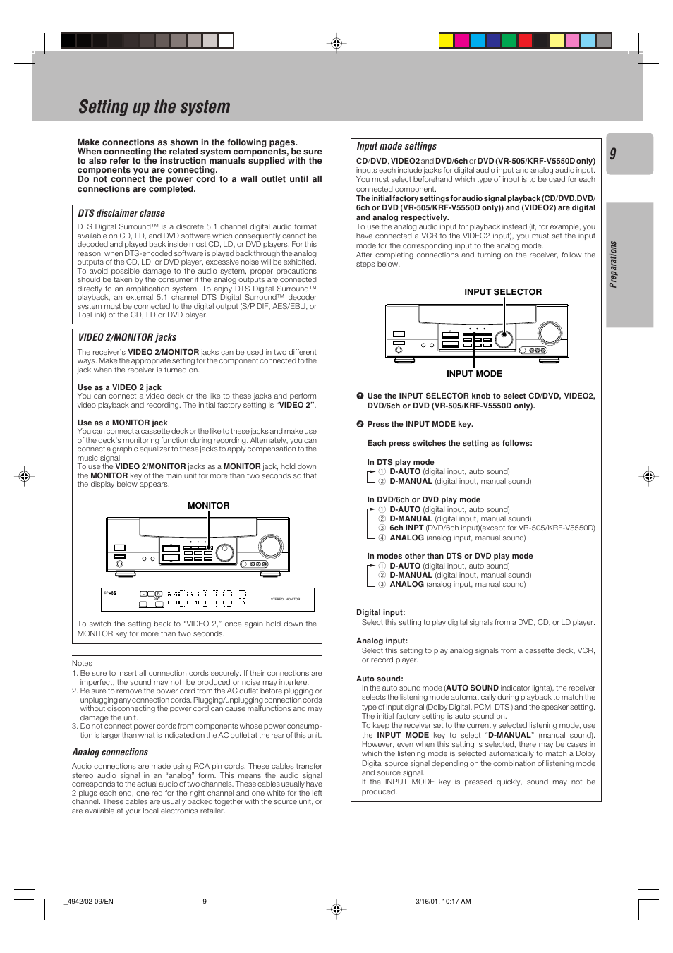Setting up the system, Dts disclaimer clause video 2/monitor jacks, Analog connections | Input mode settings | Kenwood VR-505 User Manual | Page 9 / 44
