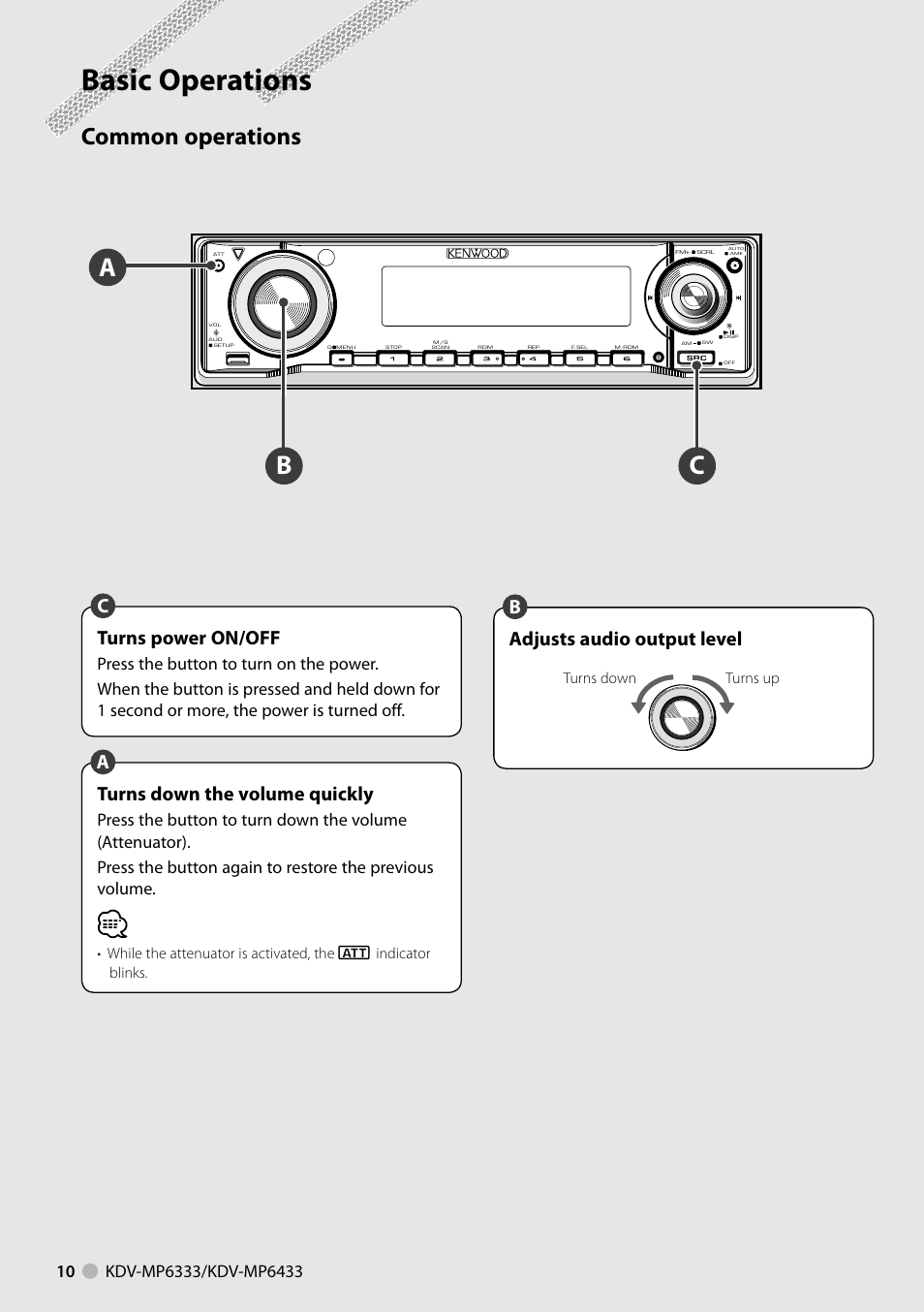 Basic operations, Bc a, Common operations | Adjusts audio output level, Bturns down the volume quickly, Aturns power on/off | Kenwood KDV-MP6333 EN User Manual | Page 10 / 76