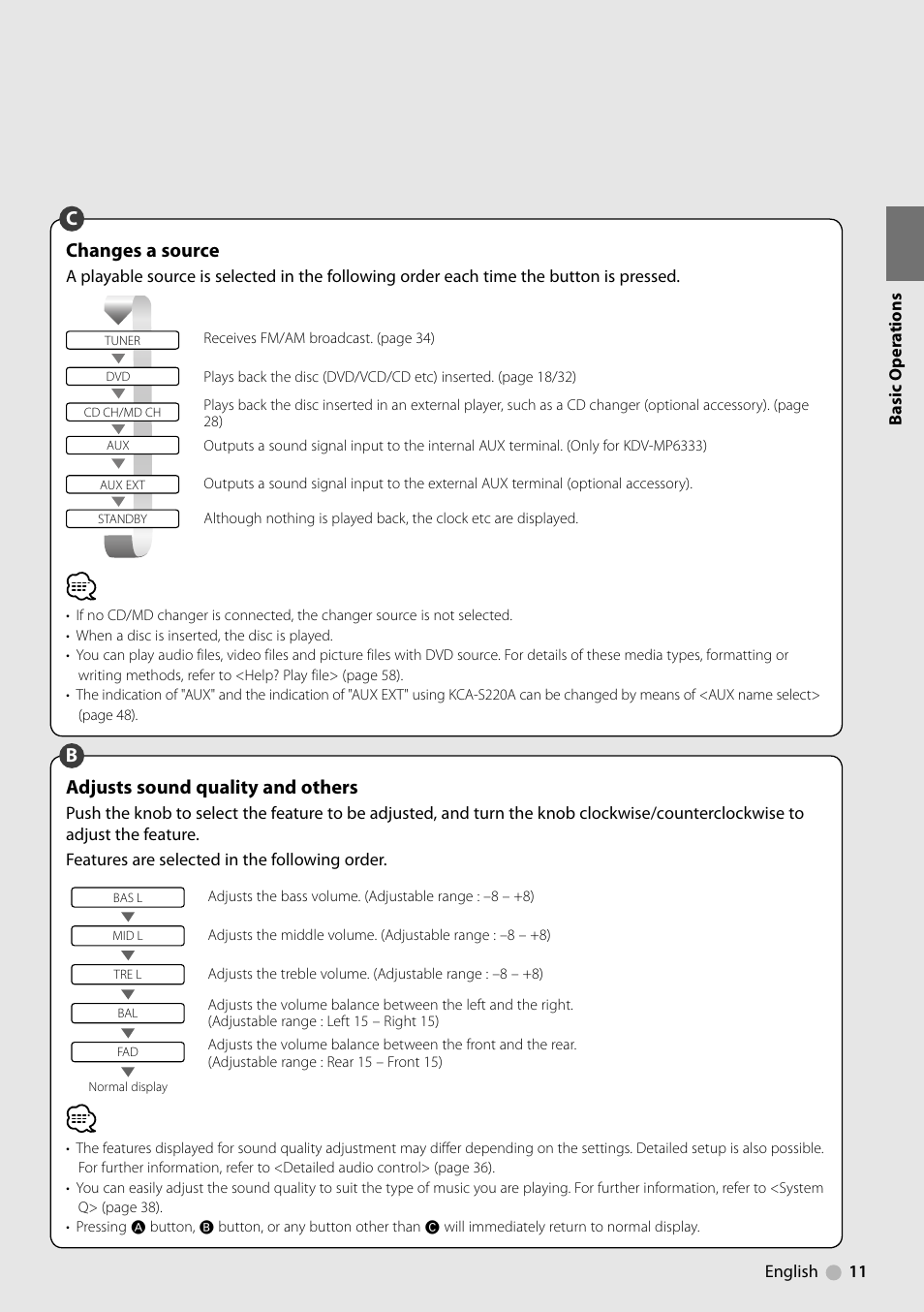 Changes a source, Cadjusts sound quality and others | Kenwood KDV-MP6333 EN User Manual | Page 11 / 76