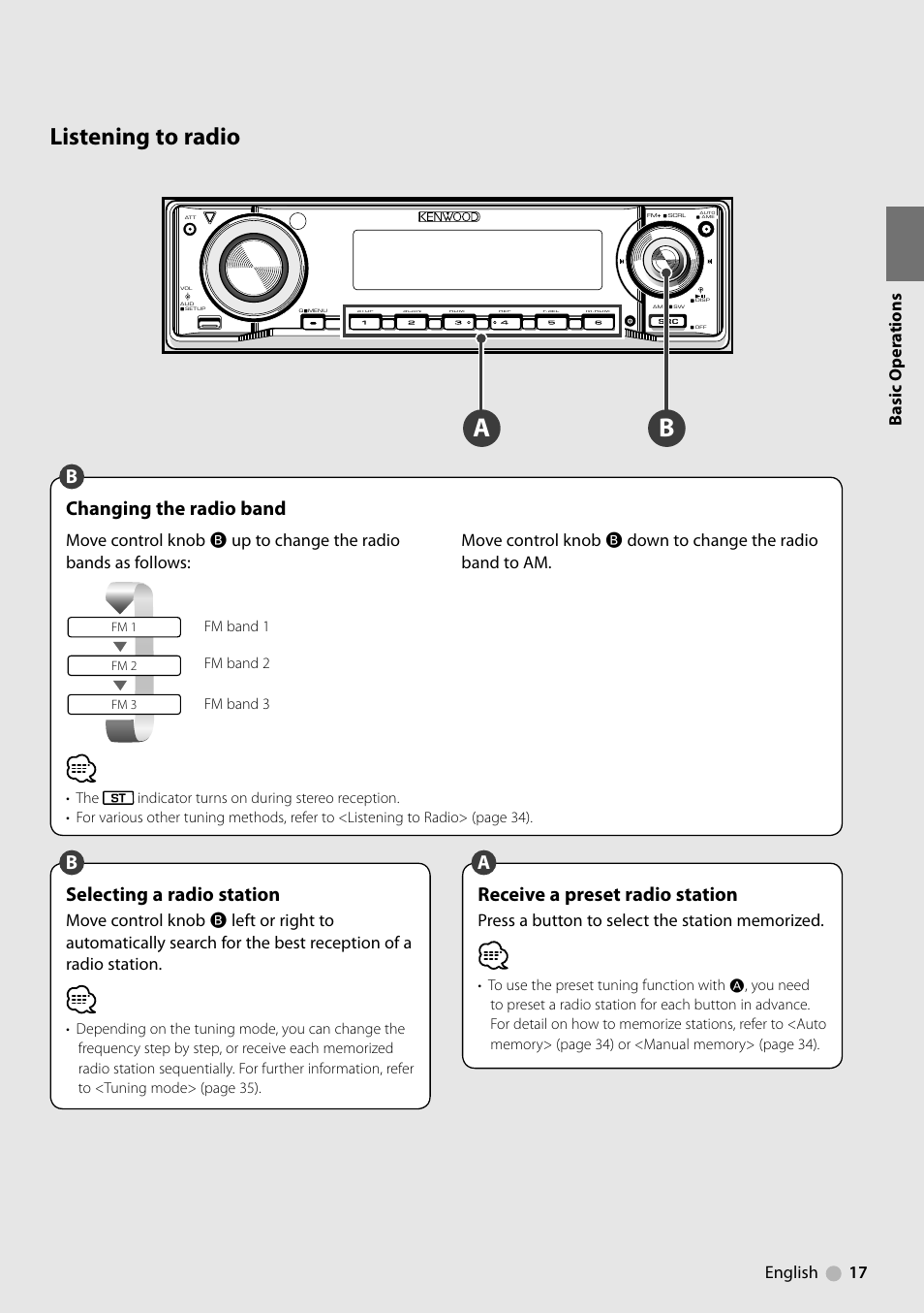 Listening to radio, Changing the radio band, Bselecting a radio station | Breceive a preset radio station, English 17 basic oper a tions | Kenwood KDV-MP6333 EN User Manual | Page 17 / 76