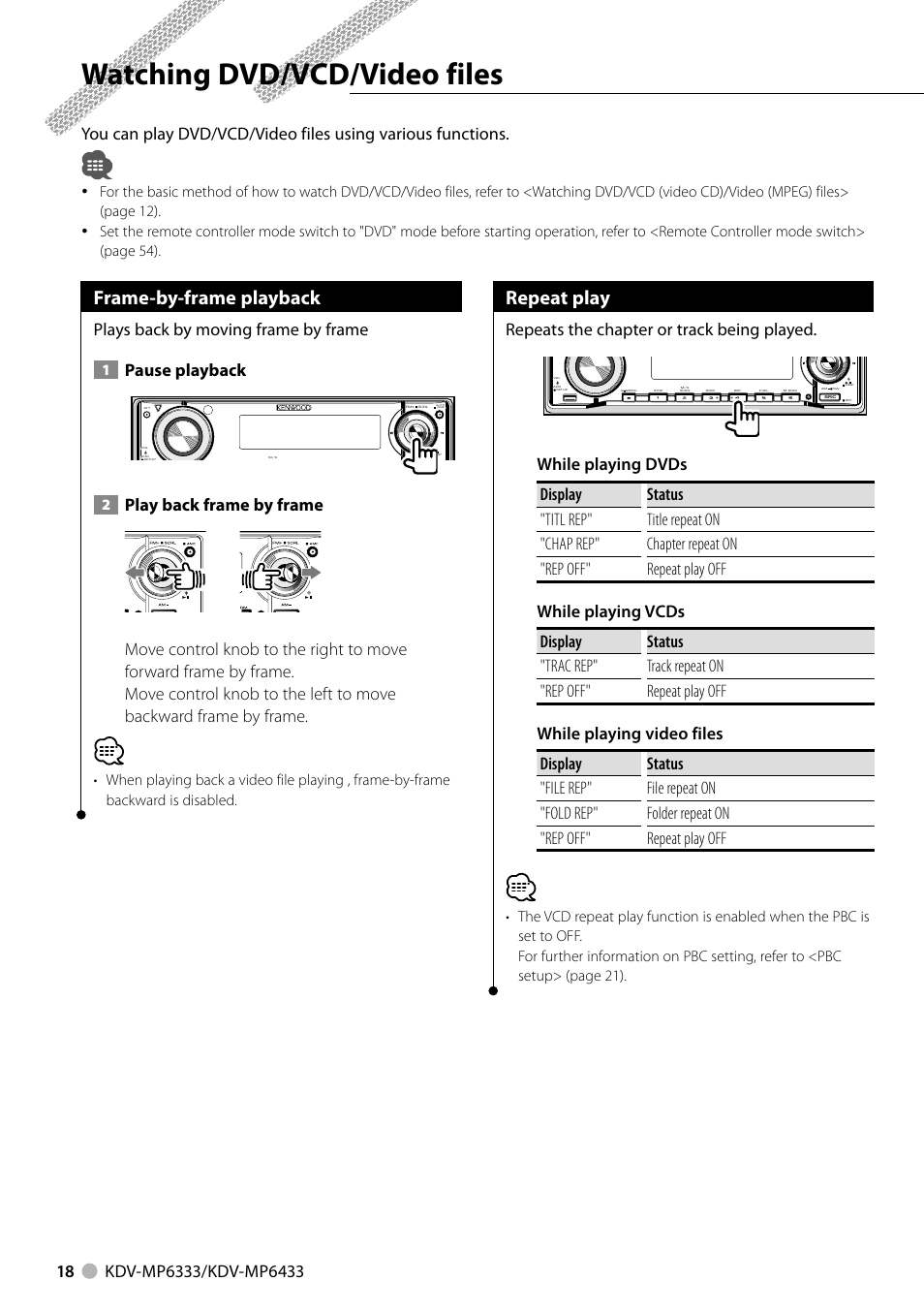 Watching dvd/vcd/video files, Frame-by-frame playback, Repeat play | Plays back by moving frame by frame, Pause playback, Play back frame by frame, Repeats the chapter or track being played | Kenwood KDV-MP6333 EN User Manual | Page 18 / 76