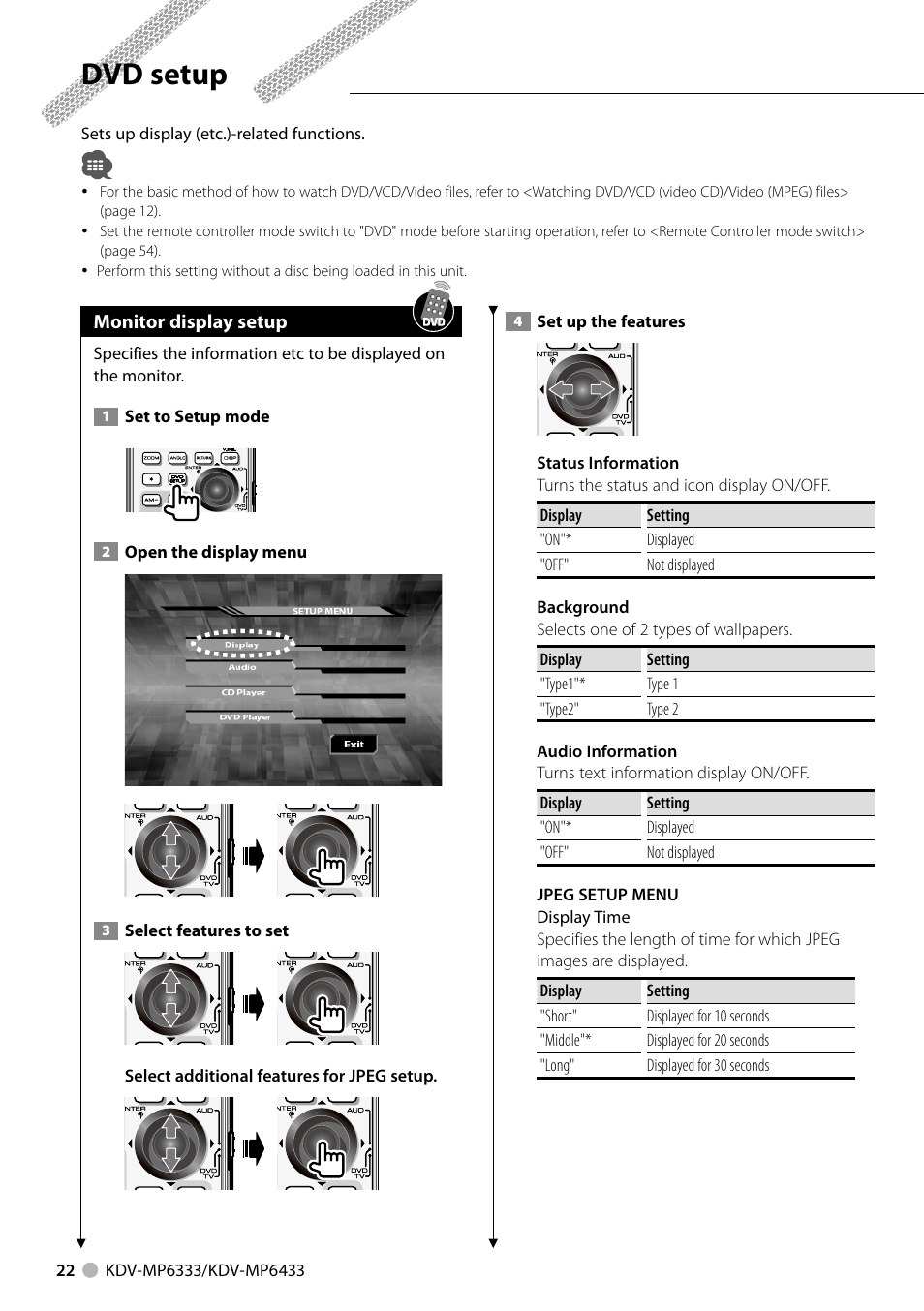 Dvd setup | Kenwood KDV-MP6333 EN User Manual | Page 22 / 76