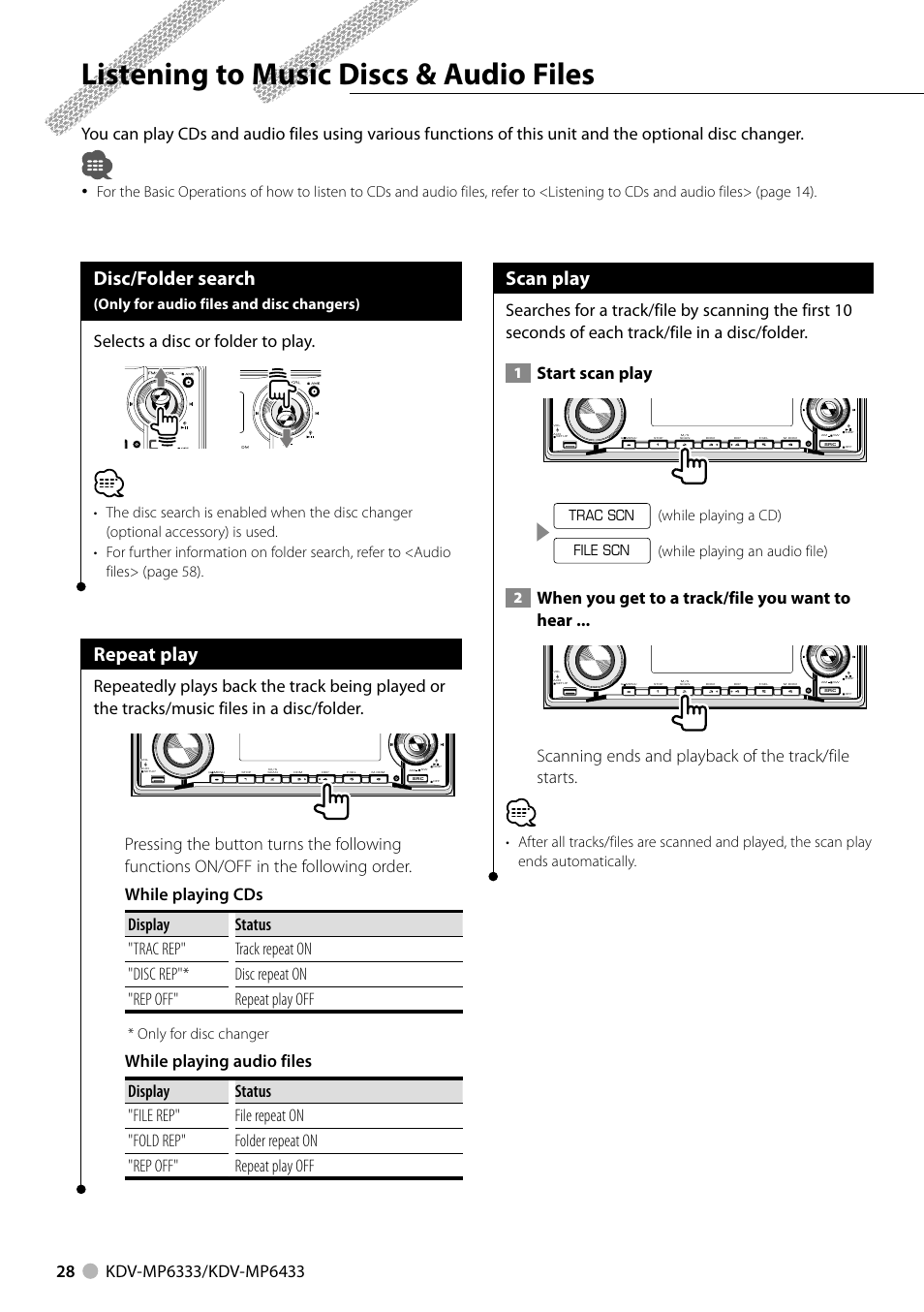 Listening to music discs & audio files, Disc/folder search, Repeat play | Scan play, Selects a disc or folder to play, Start scan play, When you get to a track/file you want to hear, Only for audio files and disc changers), Only for disc changer, While playing a cd) | Kenwood KDV-MP6333 EN User Manual | Page 28 / 76