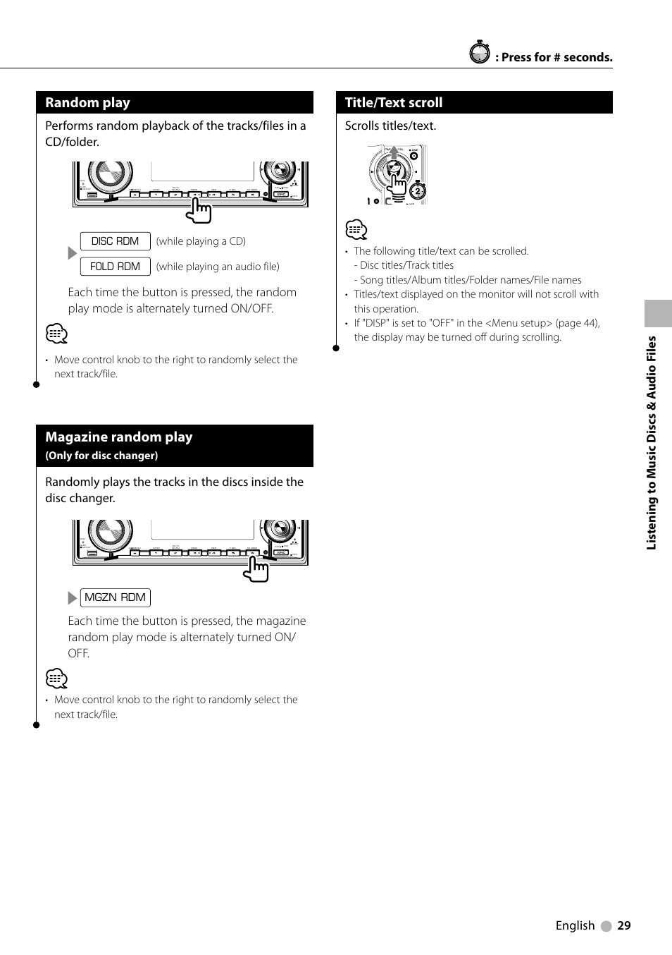 Random play, Magazine random play, Title/text scroll | English 29, Scrolls titles/text, While playing a cd), While playing an audio file), Only for disc changer), Disc rdm fold rdm, Mgzn rdm | Kenwood KDV-MP6333 EN User Manual | Page 29 / 76