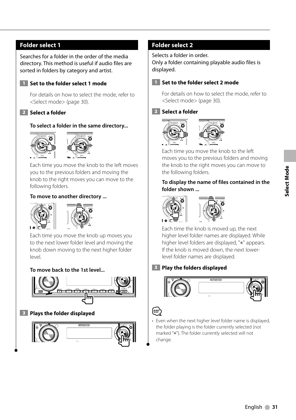 Folder select 1, Folder select 2, English 31 | Plays the folder displayed, Select a folder, Play the folders displayed, Selec t mode, The folder currently selected will not change | Kenwood KDV-MP6333 EN User Manual | Page 31 / 76