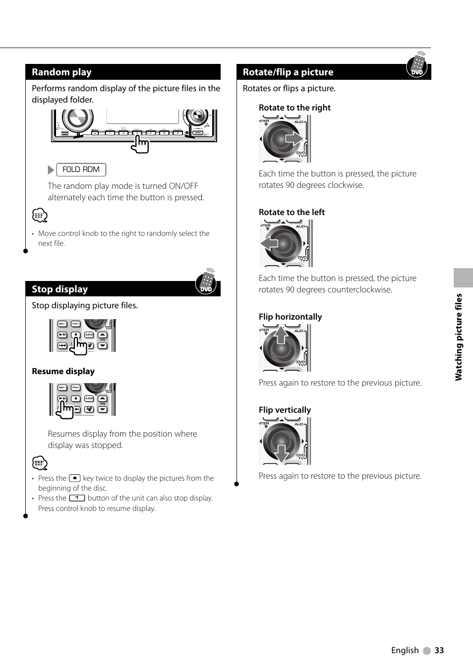 Random play, Stop display, Rotate/flip a picture | English 33 w a tching pic tur e files | Kenwood KDV-MP6333 EN User Manual | Page 33 / 76