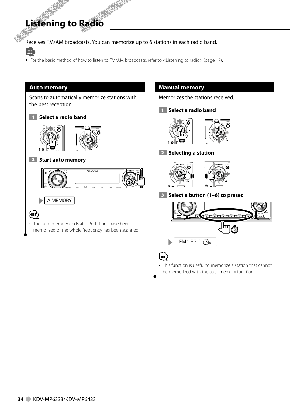 Listening to radio, Select a radio band, Selecting a station | Select a button (1–6) to preset | Kenwood KDV-MP6333 EN User Manual | Page 34 / 76