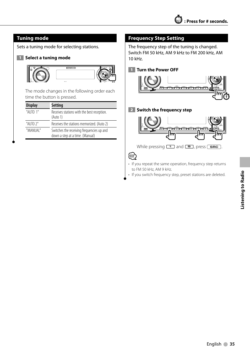 Tuning mode, Frequency step setting, English 35 | Sets a tuning mode for selecting stations, Select a tuning mode, Turn the power off, Switch the frequency step, While pressing and , press, Listening to r adio : press for # seconds | Kenwood KDV-MP6333 EN User Manual | Page 35 / 76