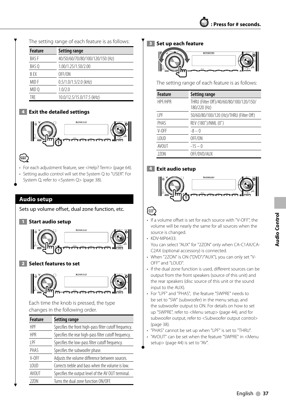 Audio setup, Exit the detailed settings, Sets up volume offset, dual zone function, etc | Start audio setup, Select features to set, Set up each feature, Exit audio setup, Press for # seconds | Kenwood KDV-MP6333 EN User Manual | Page 37 / 76