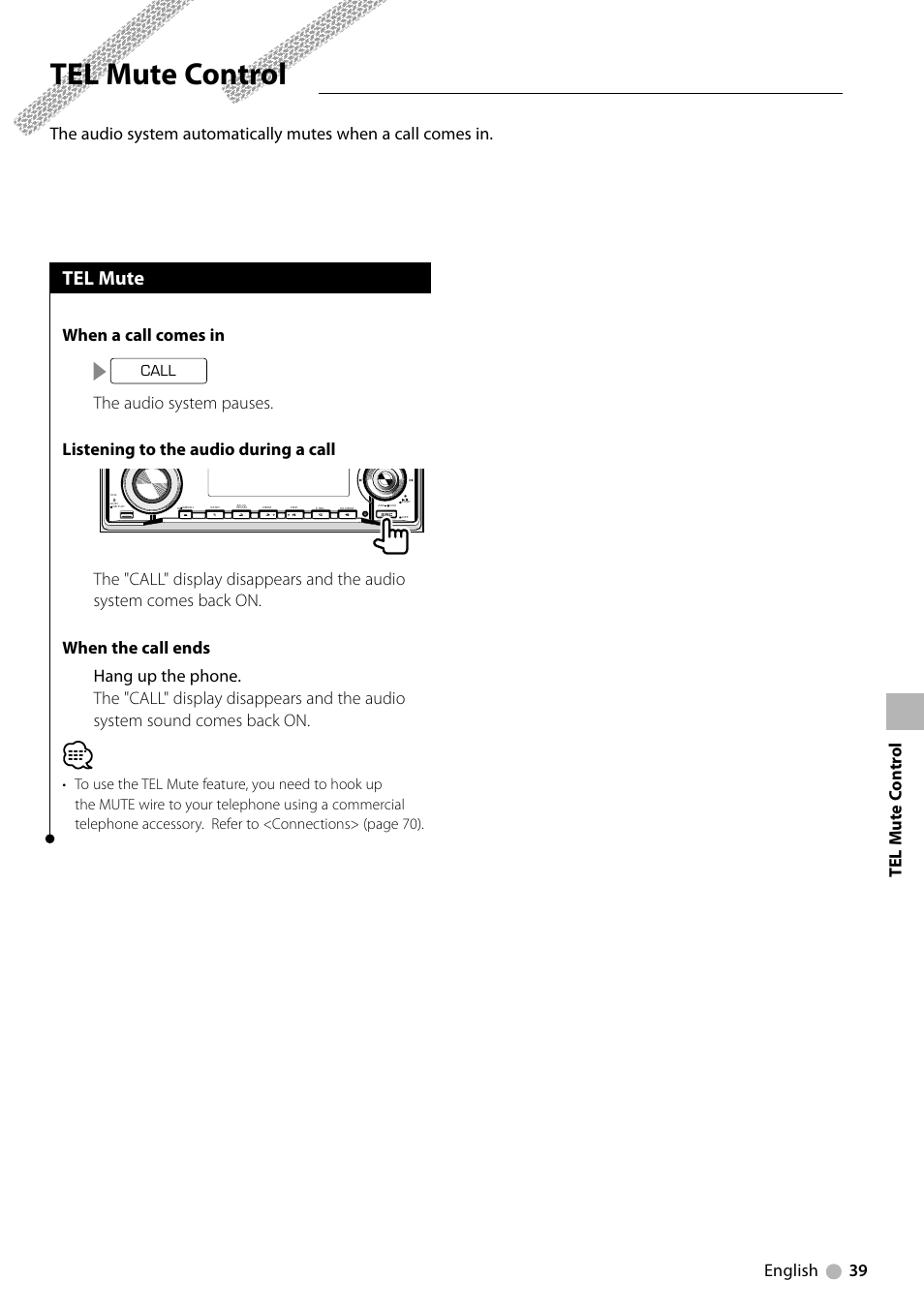 Tel mute control, Tel mute, English 39 | When a call comes in | Kenwood KDV-MP6333 EN User Manual | Page 39 / 76