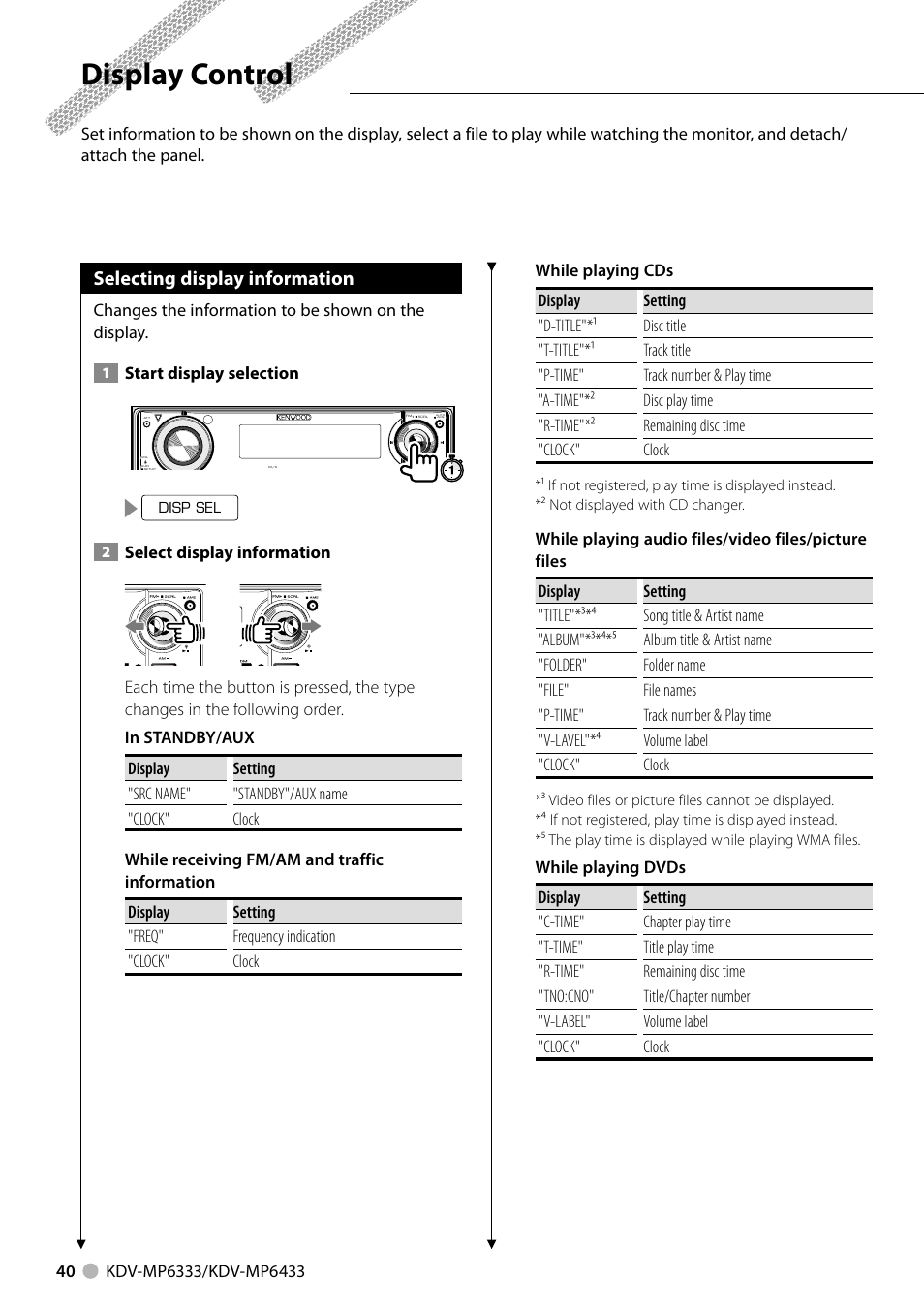 Display control, Selecting display information | Kenwood KDV-MP6333 EN User Manual | Page 40 / 76