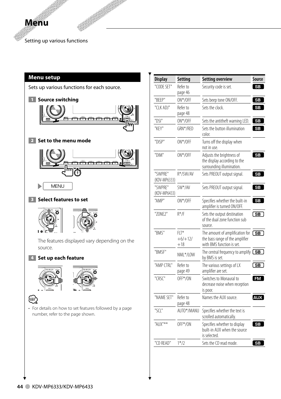 Menu, Menu setup, Sets up various functions for each source | Source switching, Set to the menu mode, Select features to set, Set up each feature | Kenwood KDV-MP6333 EN User Manual | Page 44 / 76