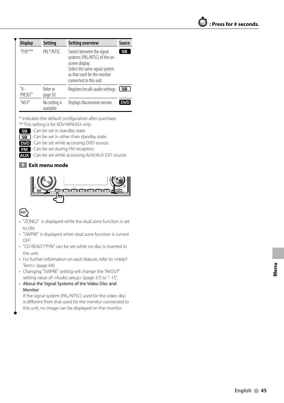 Exit menu mode, Press for # seconds | Kenwood KDV-MP6333 EN User Manual | Page 45 / 76