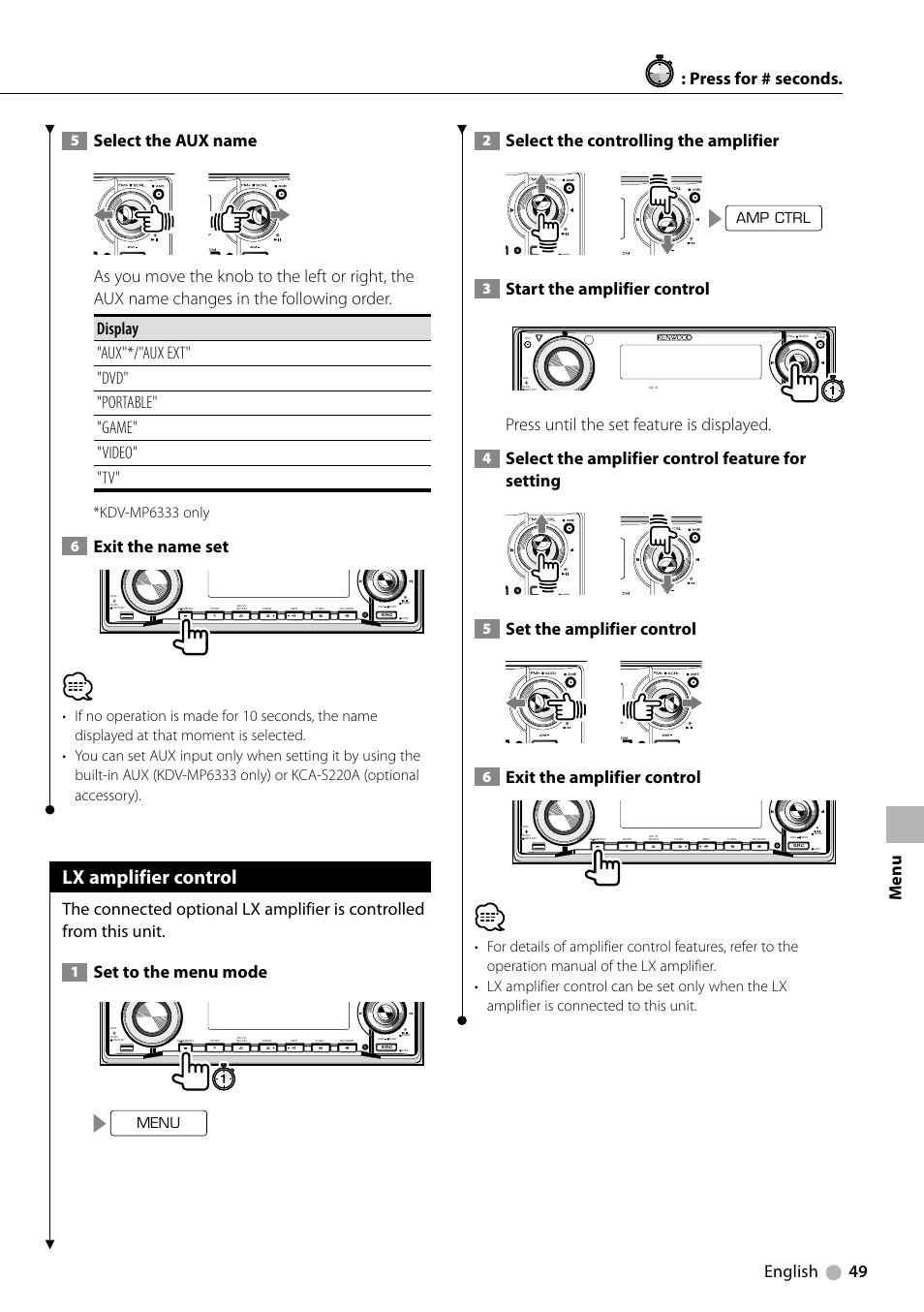 Lx amplifier control, English 49, Select the aux name | Exit the name set, Set to the menu mode, Select the controlling the amplifier, Start the amplifier control, Press until the set feature is displayed, Select the amplifier control feature for setting, Set the amplifier control | Kenwood KDV-MP6333 EN User Manual | Page 49 / 76