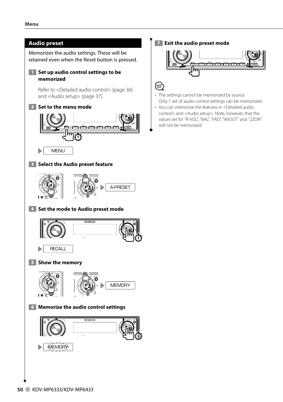 Audio preset, Set to the menu mode, Select the audio preset feature | Set the mode to audio preset mode, Exit the audio preset mode, Menu, A-preset, Recall | Kenwood KDV-MP6333 EN User Manual | Page 50 / 76