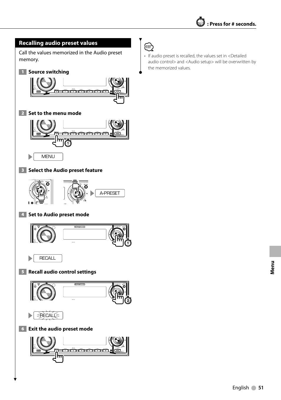 Recalling audio preset values, English 51, Source switching | Set to the menu mode, Select the audio preset feature, Set to audio preset mode, Recall audio control settings, Exit the audio preset mode, Menu : press for # seconds, Menu | Kenwood KDV-MP6333 EN User Manual | Page 51 / 76