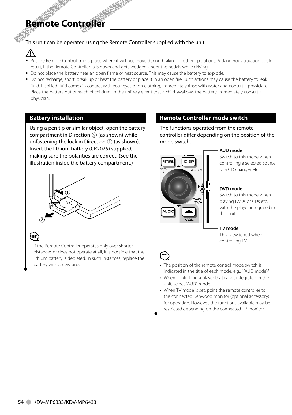 Remote controller | Kenwood KDV-MP6333 EN User Manual | Page 54 / 76