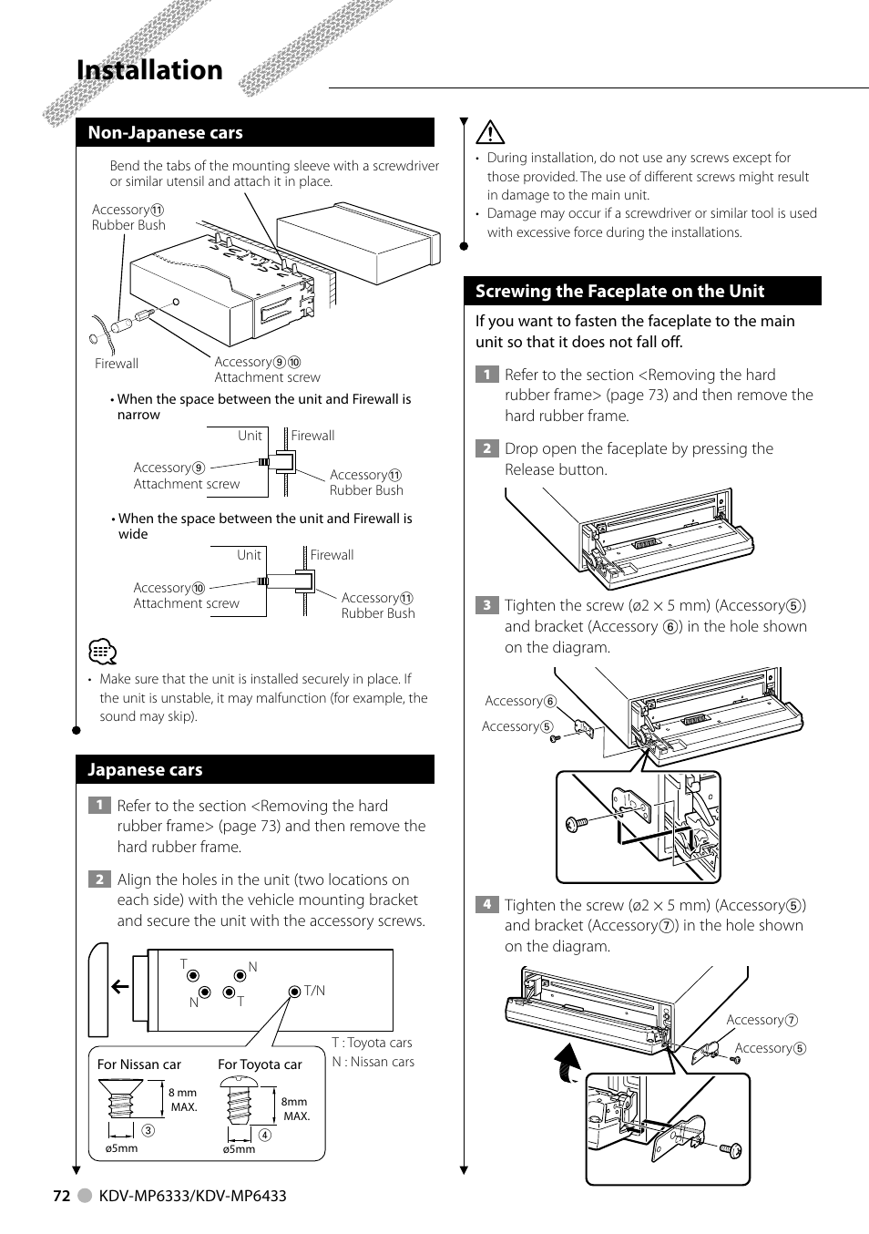 Installation, Screwing the faceplate on the unit, Non-japanese cars | Japanese cars | Kenwood KDV-MP6333 EN User Manual | Page 72 / 76