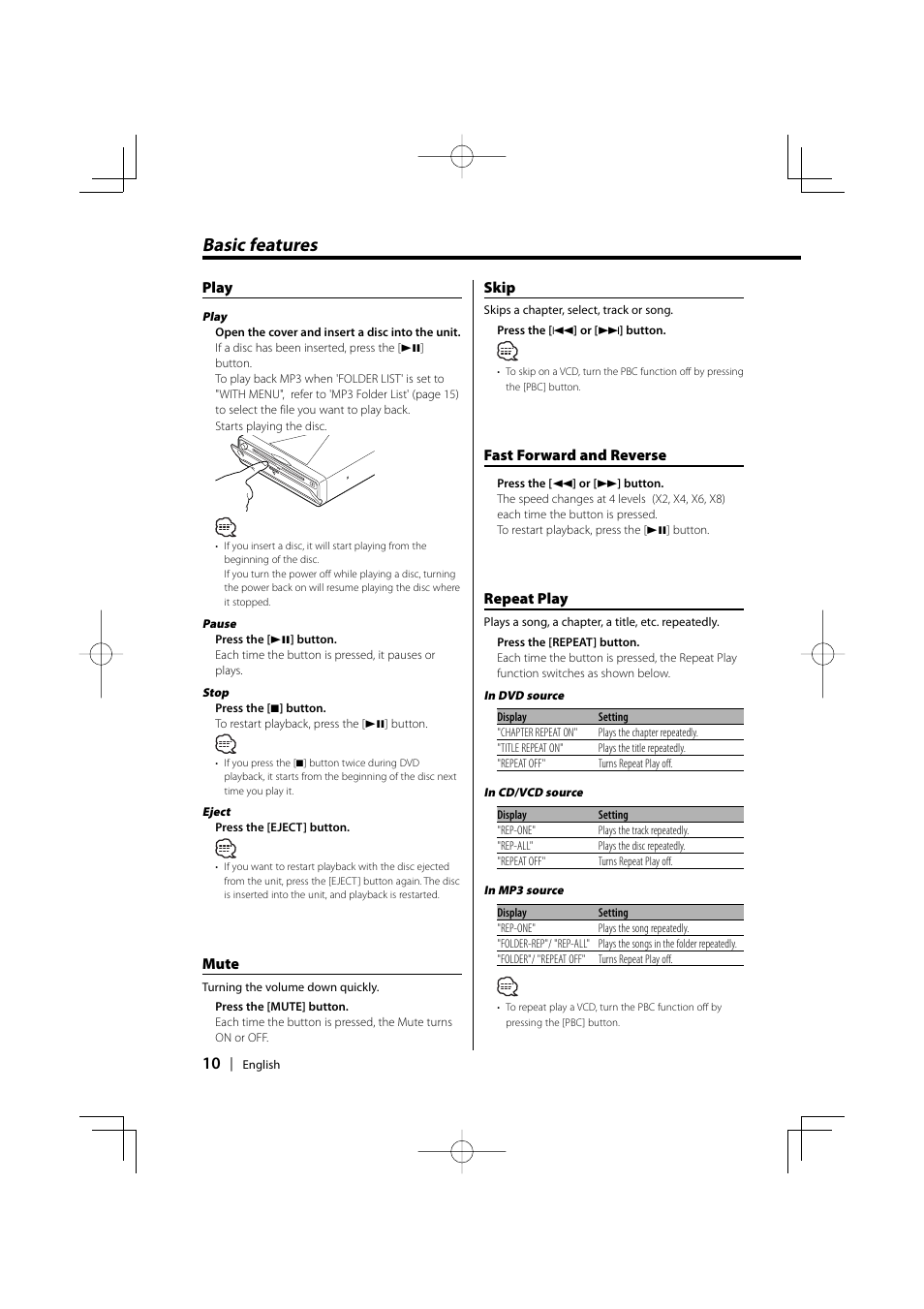 Basic features, Play, Mute | Skip, Fast forward and reverse, Repeat play | Kenwood KDV-S220P User Manual | Page 10 / 172