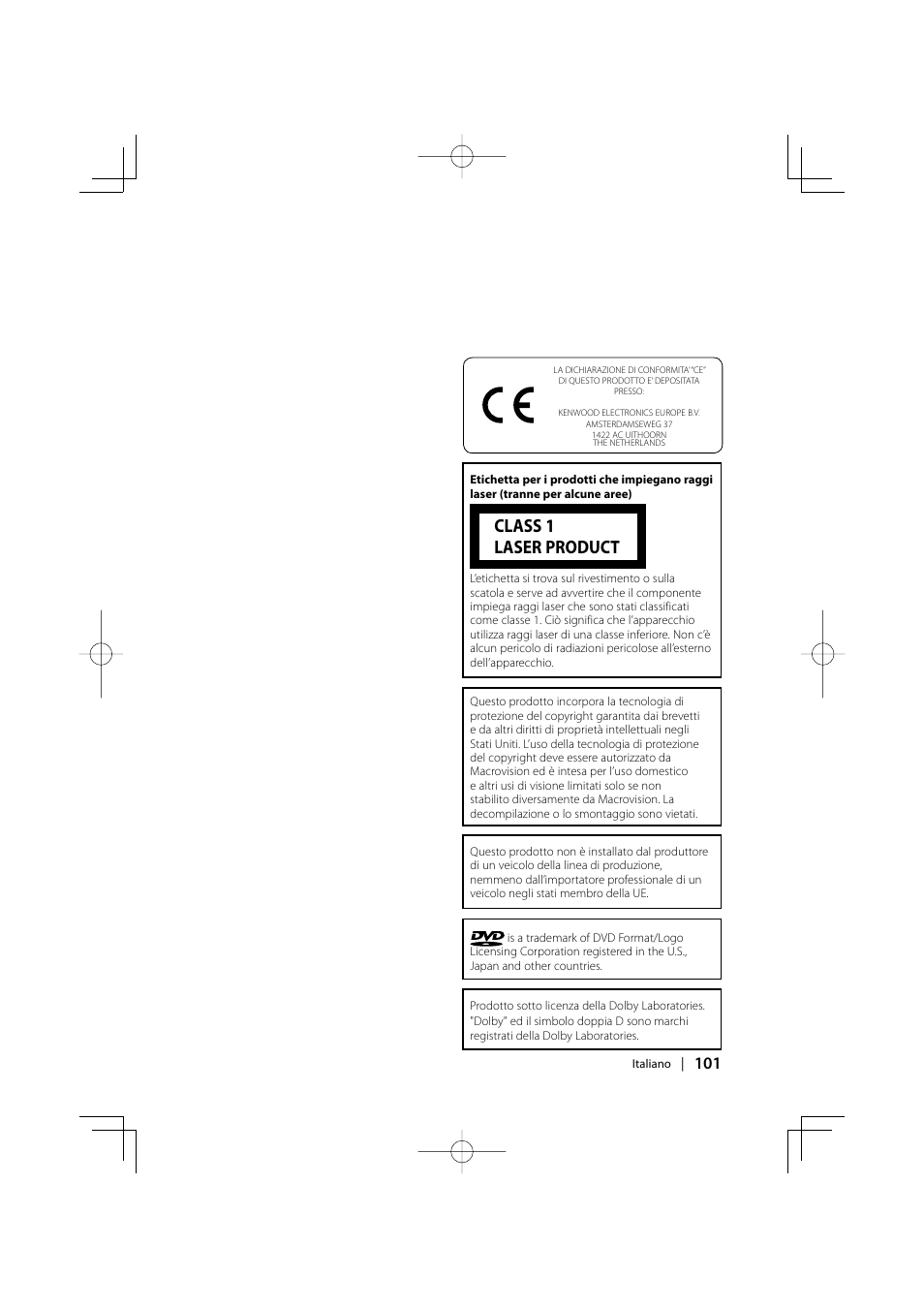 Class 1 laser product | Kenwood KDV-S220P User Manual | Page 101 / 172