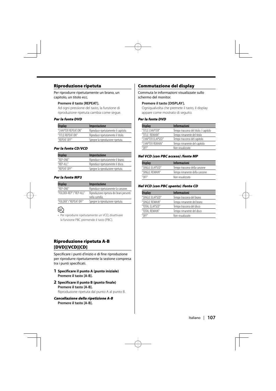 Riproduzione ripetuta, Riproduzione ripetuta a-b [dvd][vcd][cd, Commutazione del display | Kenwood KDV-S220P User Manual | Page 107 / 172