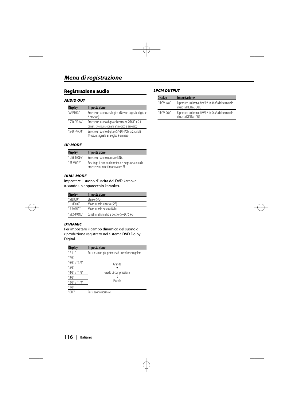 Menu di registrazione | Kenwood KDV-S220P User Manual | Page 116 / 172