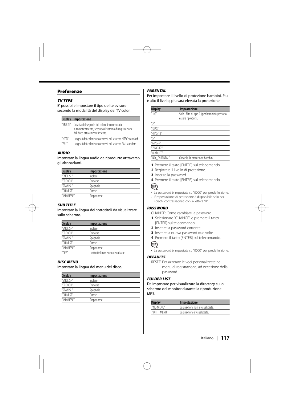 Preferenze | Kenwood KDV-S220P User Manual | Page 117 / 172