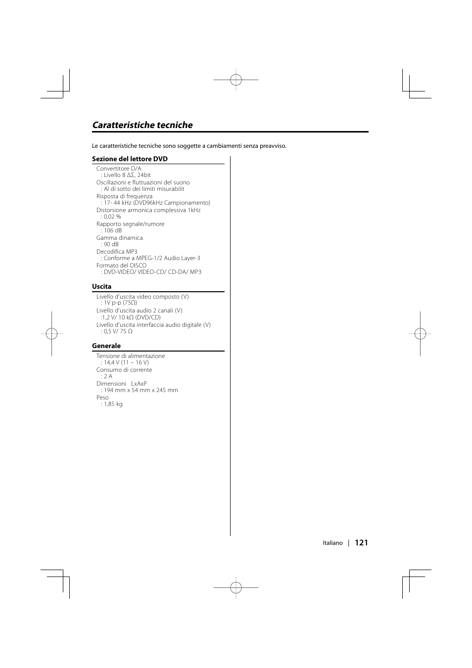 Caratteristiche tecniche | Kenwood KDV-S220P User Manual | Page 121 / 172
