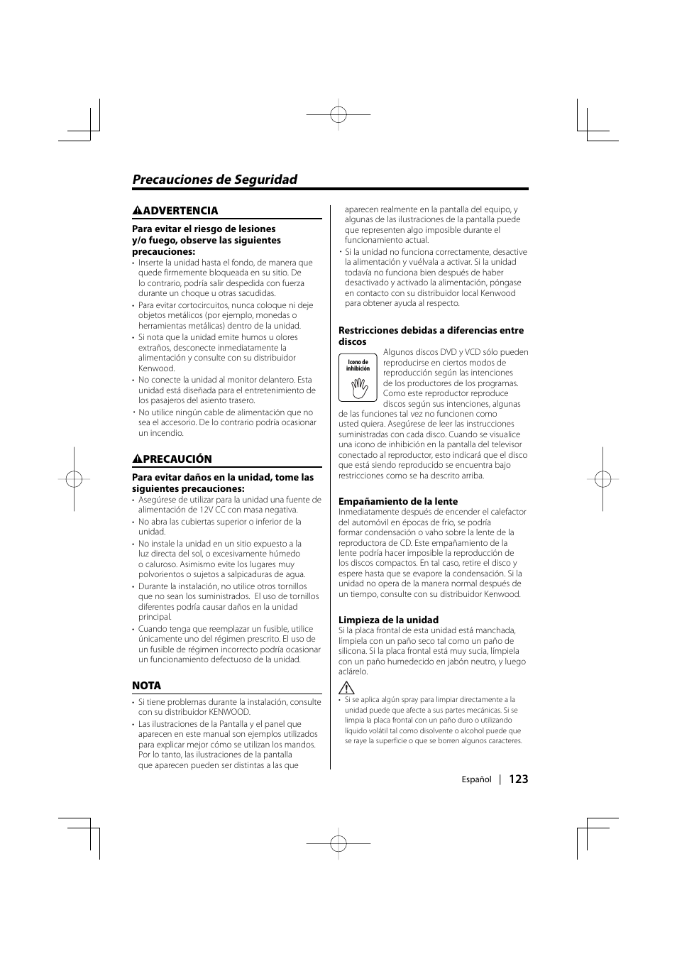 Precauciones de seguridad | Kenwood KDV-S220P User Manual | Page 123 / 172