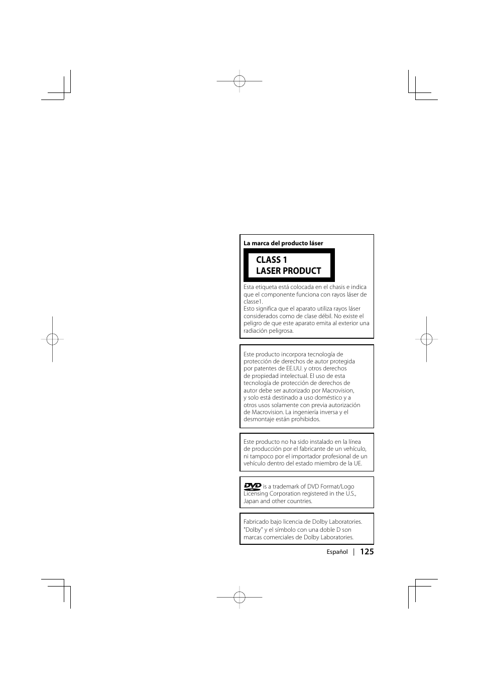Class 1 laser product | Kenwood KDV-S220P User Manual | Page 125 / 172
