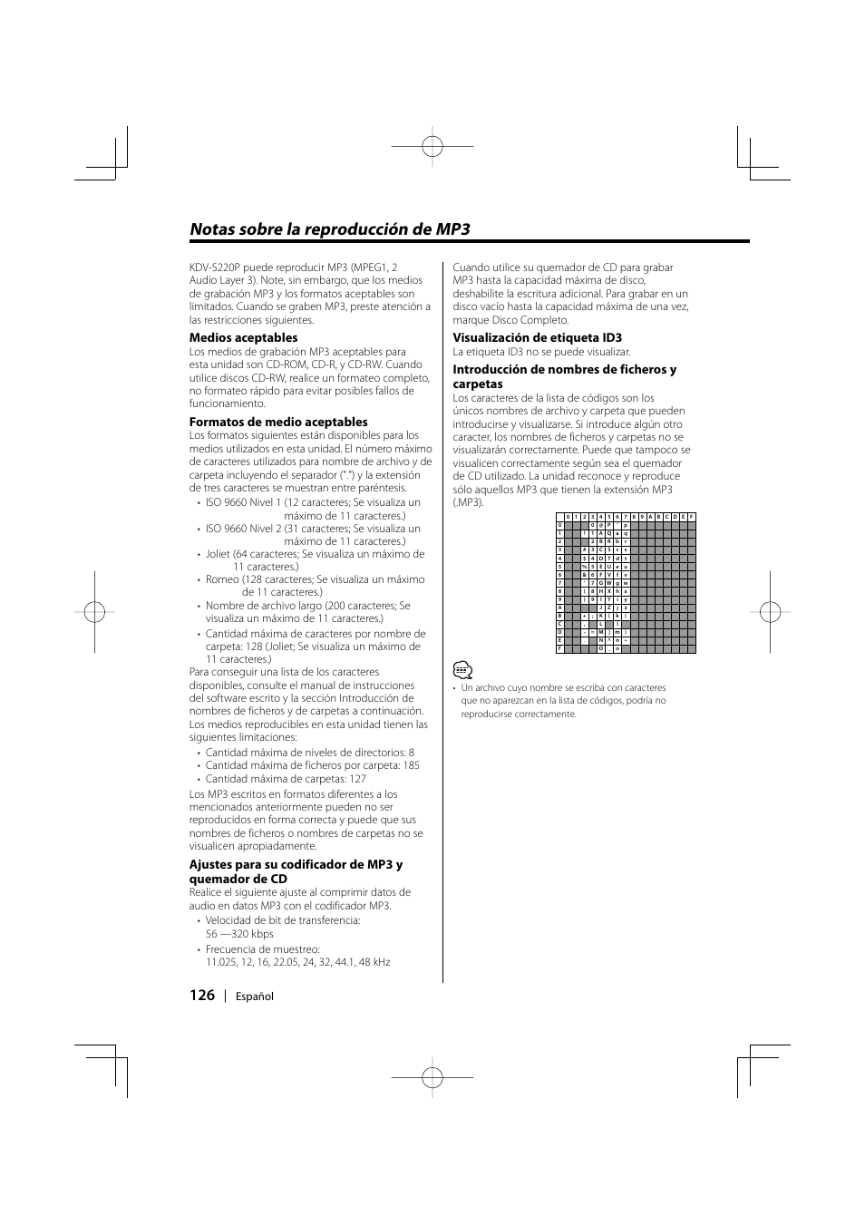 Notas sobre la reproducción de mp3, Medios aceptables, Formatos de medio aceptables | Visualización de etiqueta id3, Introducción de nombres de ficheros y carpetas, Español, La etiqueta id3 no se puede visualizar | Kenwood KDV-S220P User Manual | Page 126 / 172
