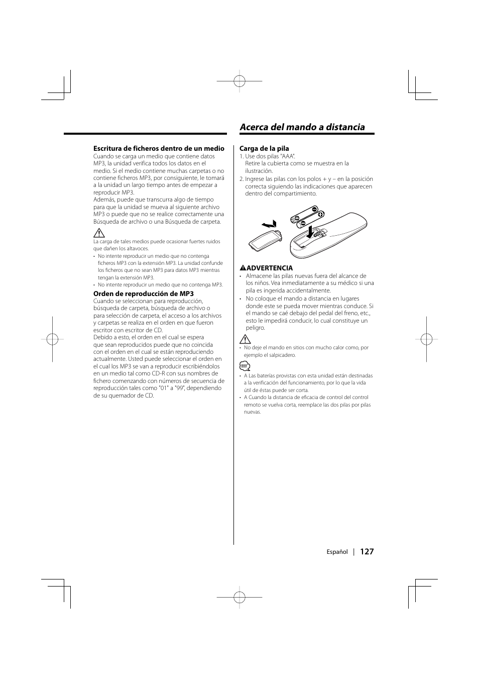 Acerca del mando a distancia | Kenwood KDV-S220P User Manual | Page 127 / 172