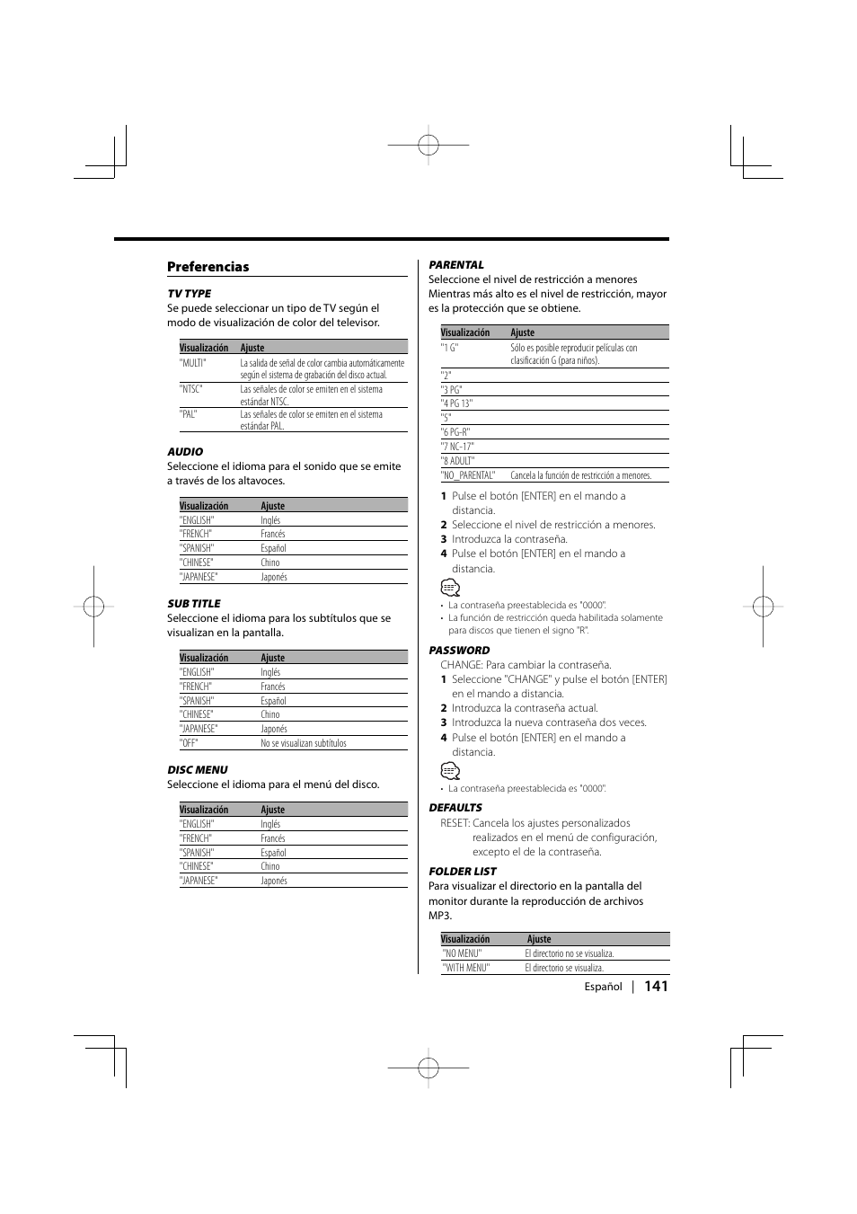 Preferencias | Kenwood KDV-S220P User Manual | Page 141 / 172