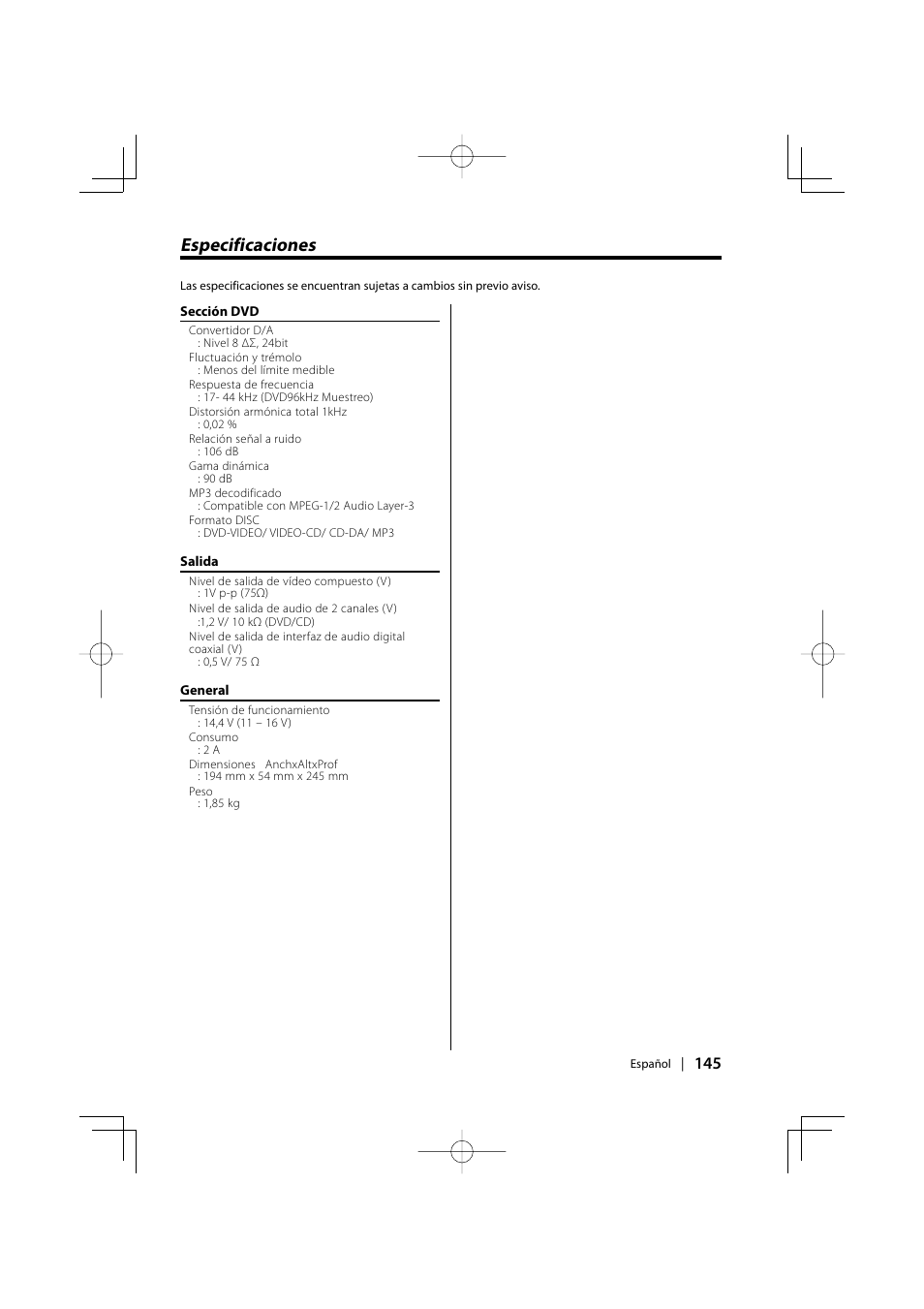 Especificaciones | Kenwood KDV-S220P User Manual | Page 145 / 172