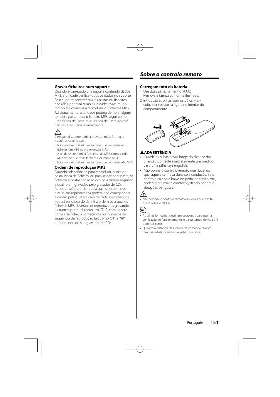 Sobre o controlo remoto | Kenwood KDV-S220P User Manual | Page 151 / 172