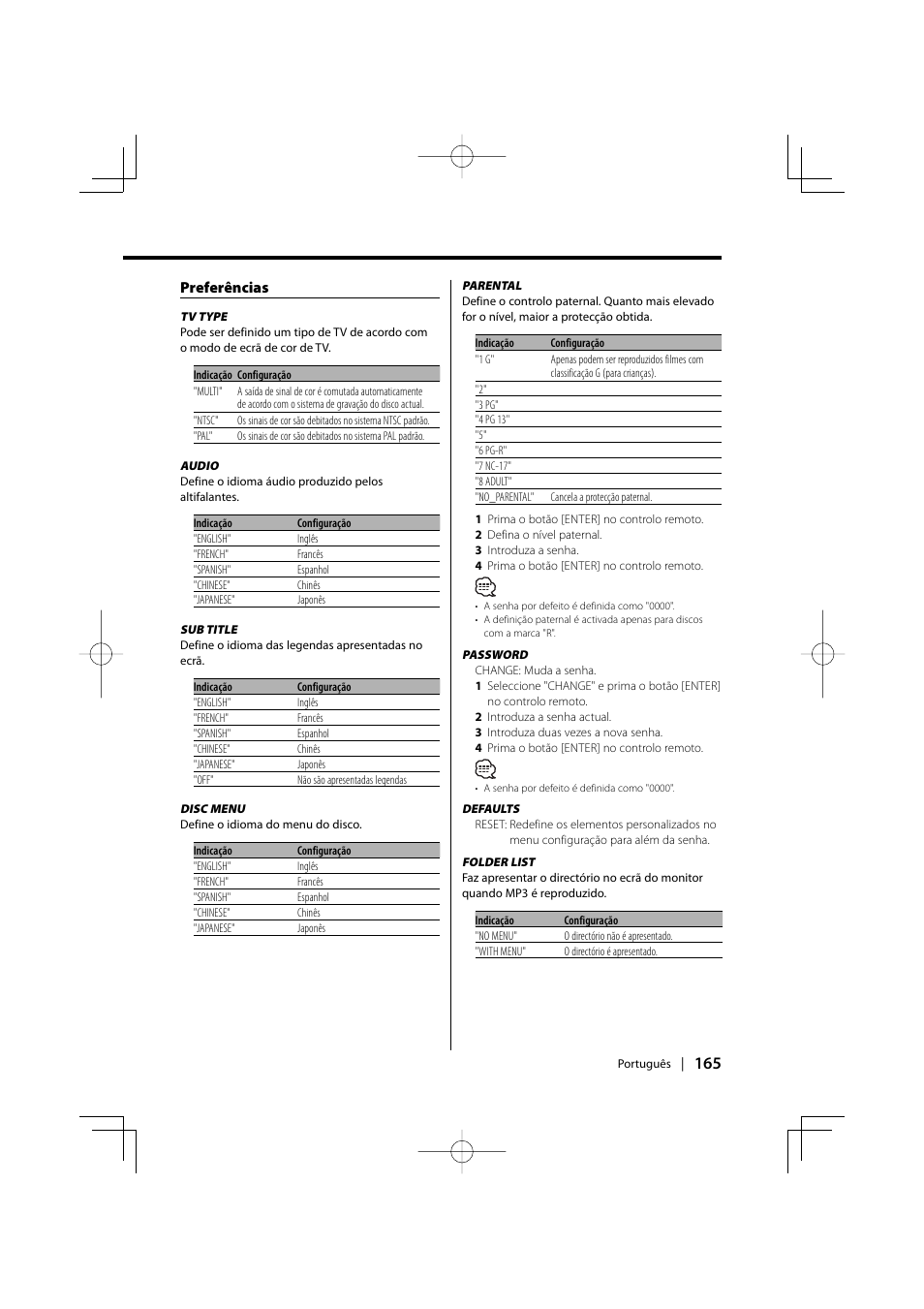 Preferências | Kenwood KDV-S220P User Manual | Page 165 / 172