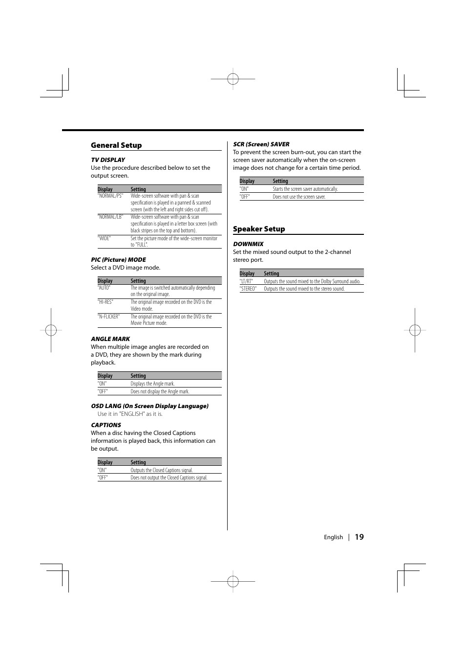 General setup, Speaker setup | Kenwood KDV-S220P User Manual | Page 19 / 172